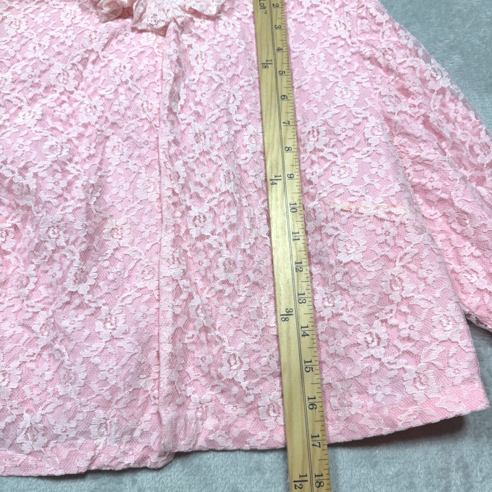 Vintage 1960s Pink Lace Cropped Jacket Ruffle Neck Coquette Medium