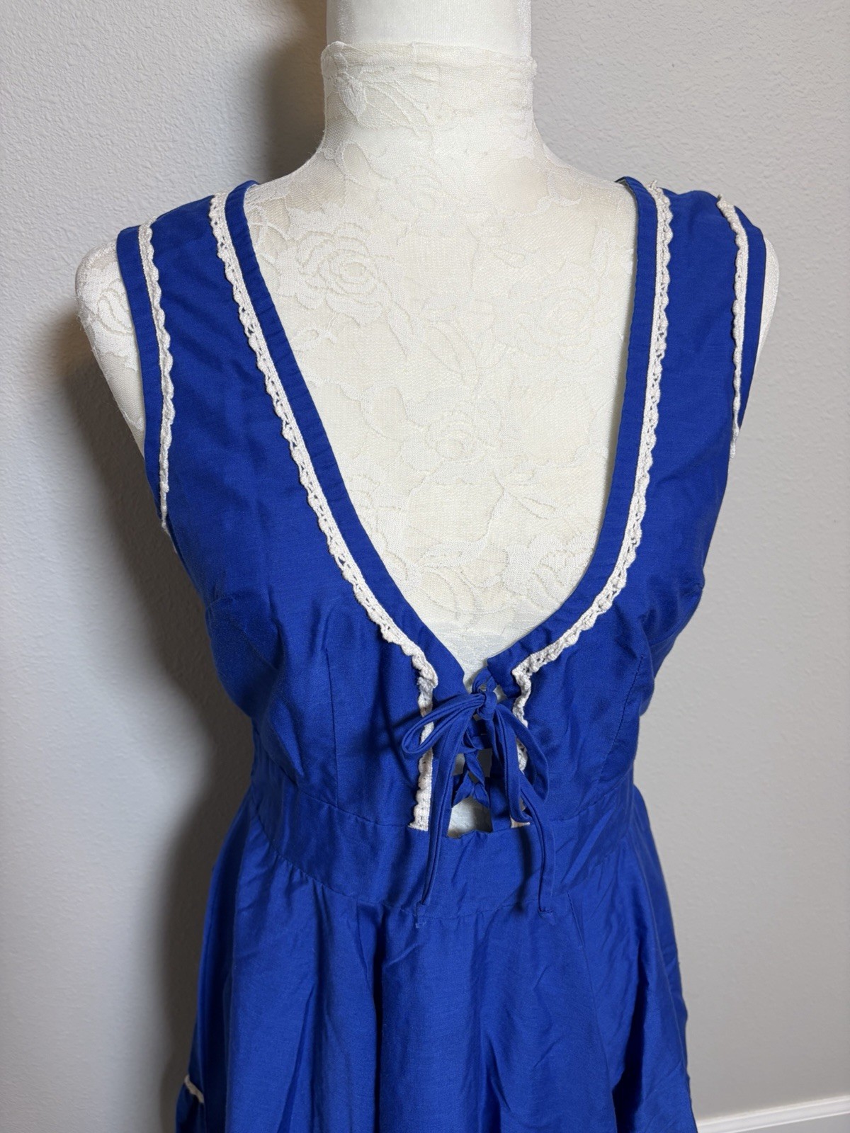 Vtg. 70&rsquo;s Partner Please Square Dancing Dress~14~Blue Lace up Bodice Rockabilly