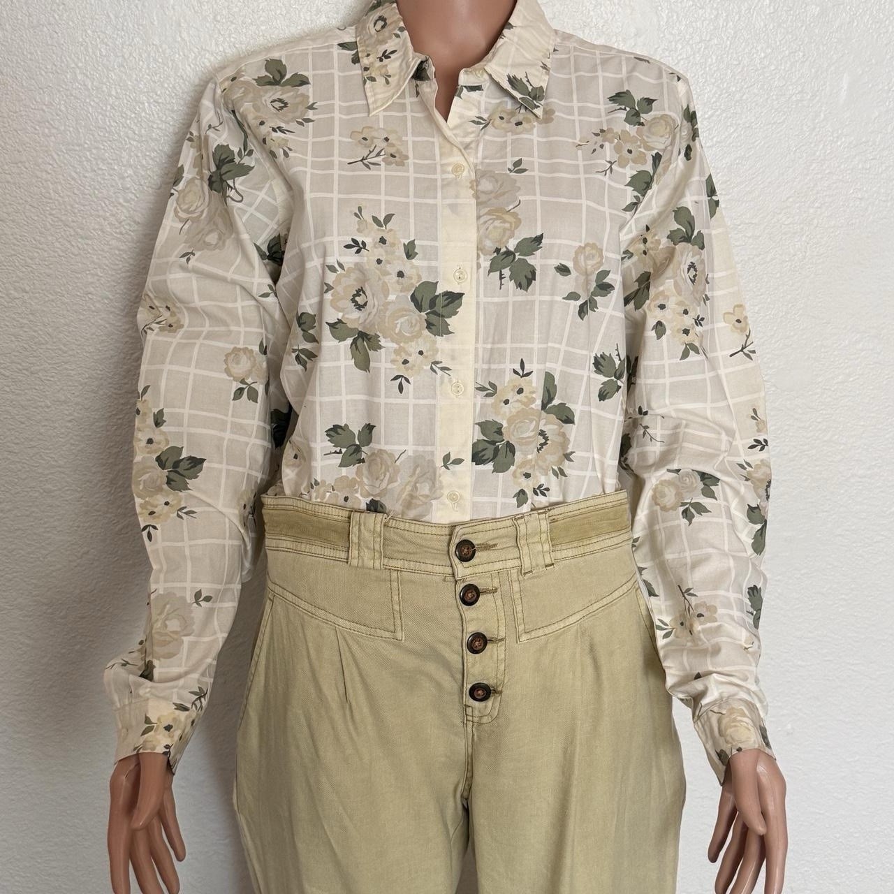 Vtg Cherokee 100% Cotton Beige Floral Button Up Shirt Sz L Granny chic
