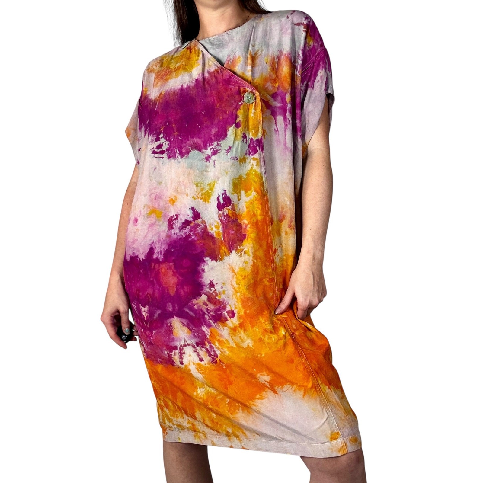 Hand Dyed Vintage 80s Lzinga Silk Shift Dress Orange Magenta Ice Dye Wood Button