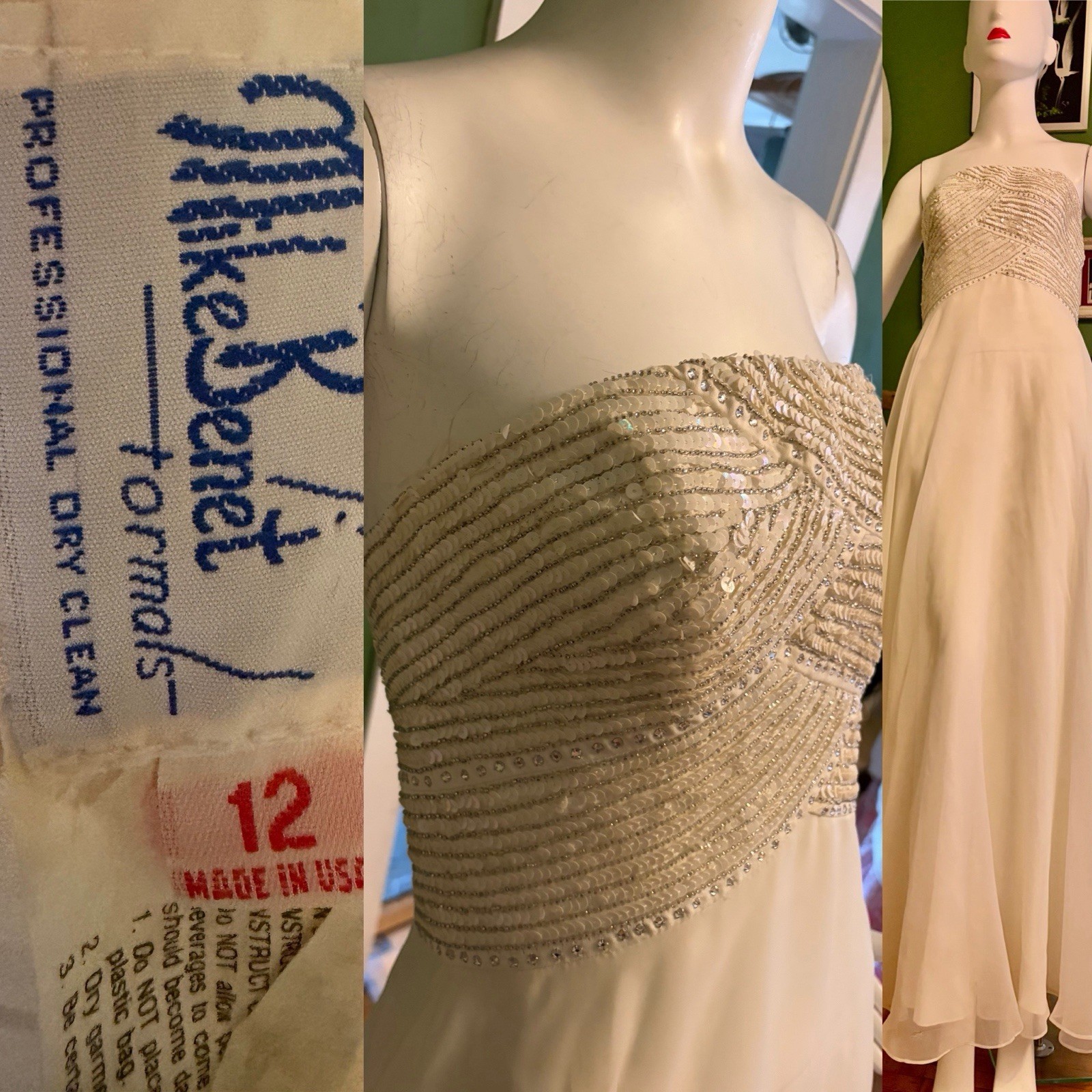 Vtg Mike Benet Formals- White Chiffon grecian Dress Gown Sequins 38 Strapless M