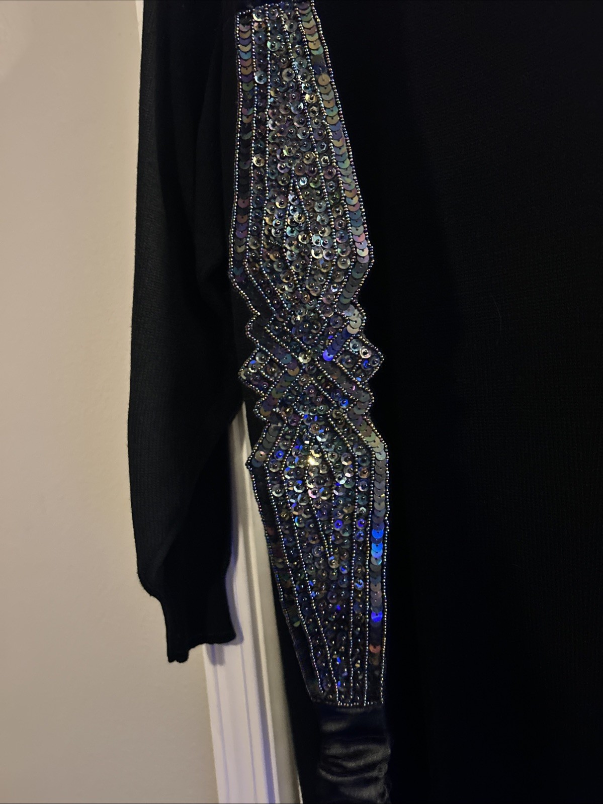 Vintage 80s Plain Jane Black Acrylic Sweater Dress Long Sequins Belted Glam Med