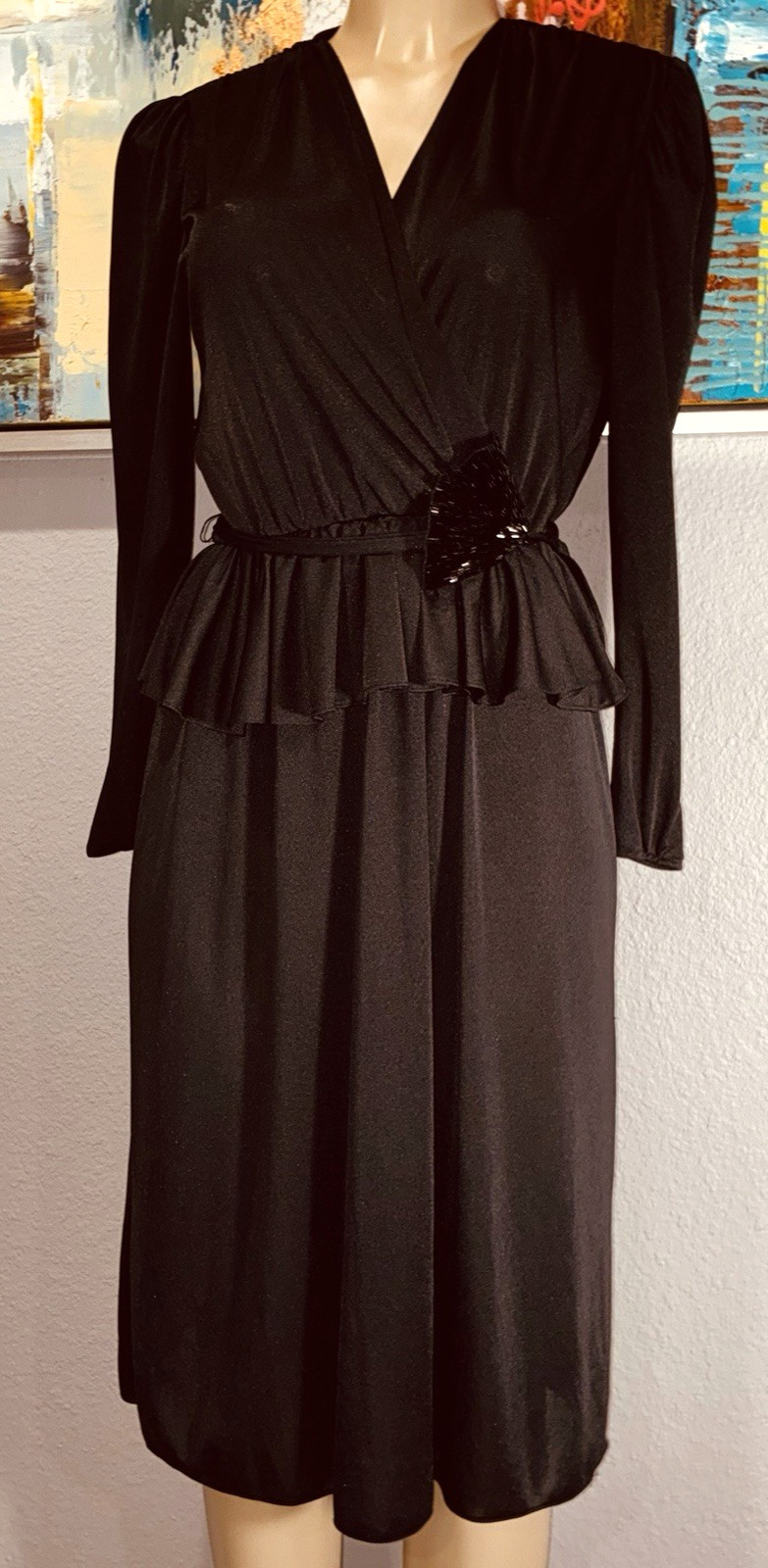 Vtg Billy Jack For Her Black Peplum Cross Wrap Dress 9 10