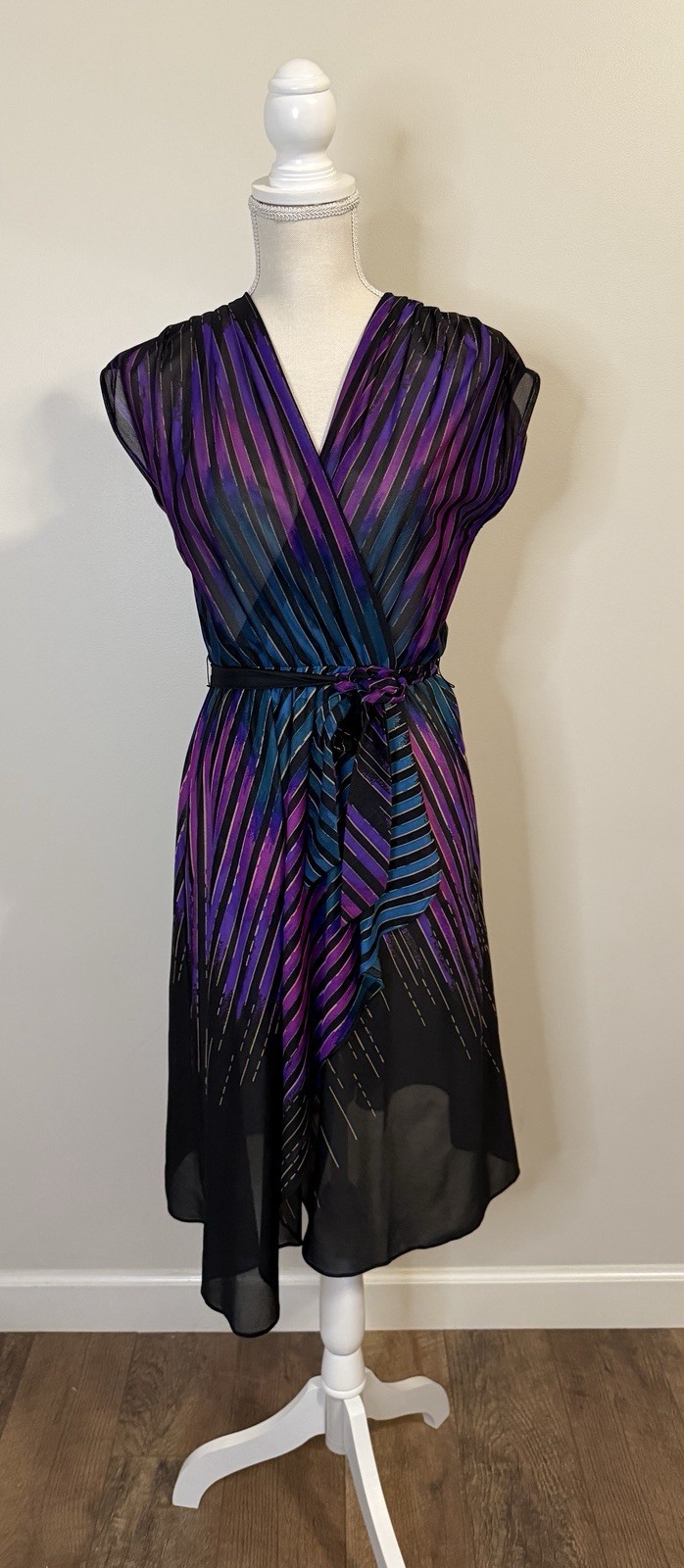 Gorgeous Vintage 1980s Jewel Toned Semi Sheer Faux Wrap Dress Short Sleeve Sz 11