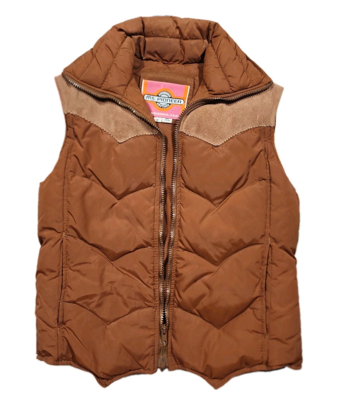 VINTAGE MS PIONEER 70&rsquo;s Down Puffer Vest Small Women Nylon/Leather Brown Western