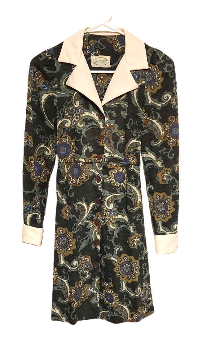 Vintage Patty O&rsquo;Neil Dress Grey w/ Blue Gold White Paisley Print Size 7 * READ