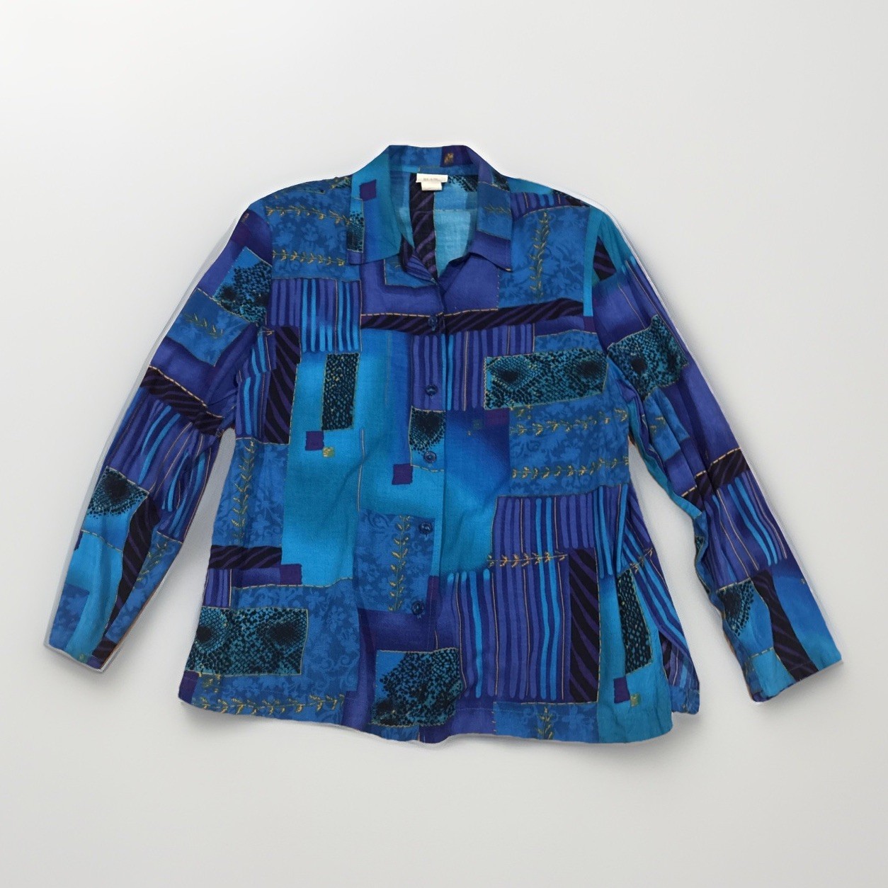 Vintage Blair Boutique Button Down Blouse 1980’s Blue Geometric Shoulder Pads A1