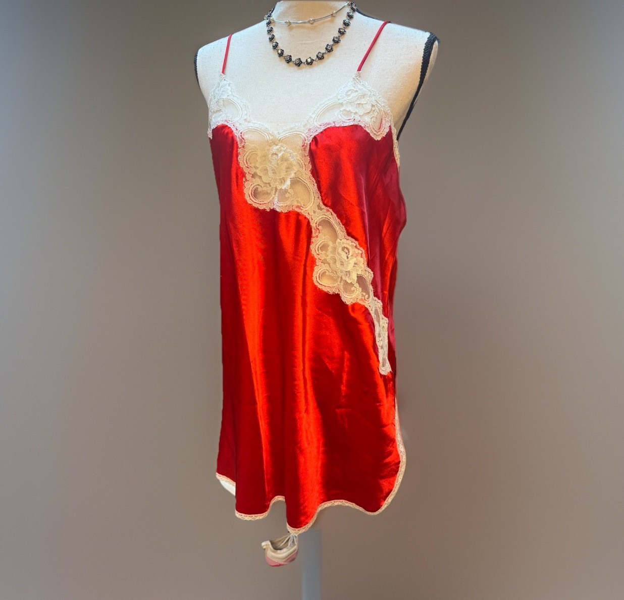 Vintage UndercoverWear Red Satin Lace Slip L Sexy Valentine Pinup Lingerie Hot