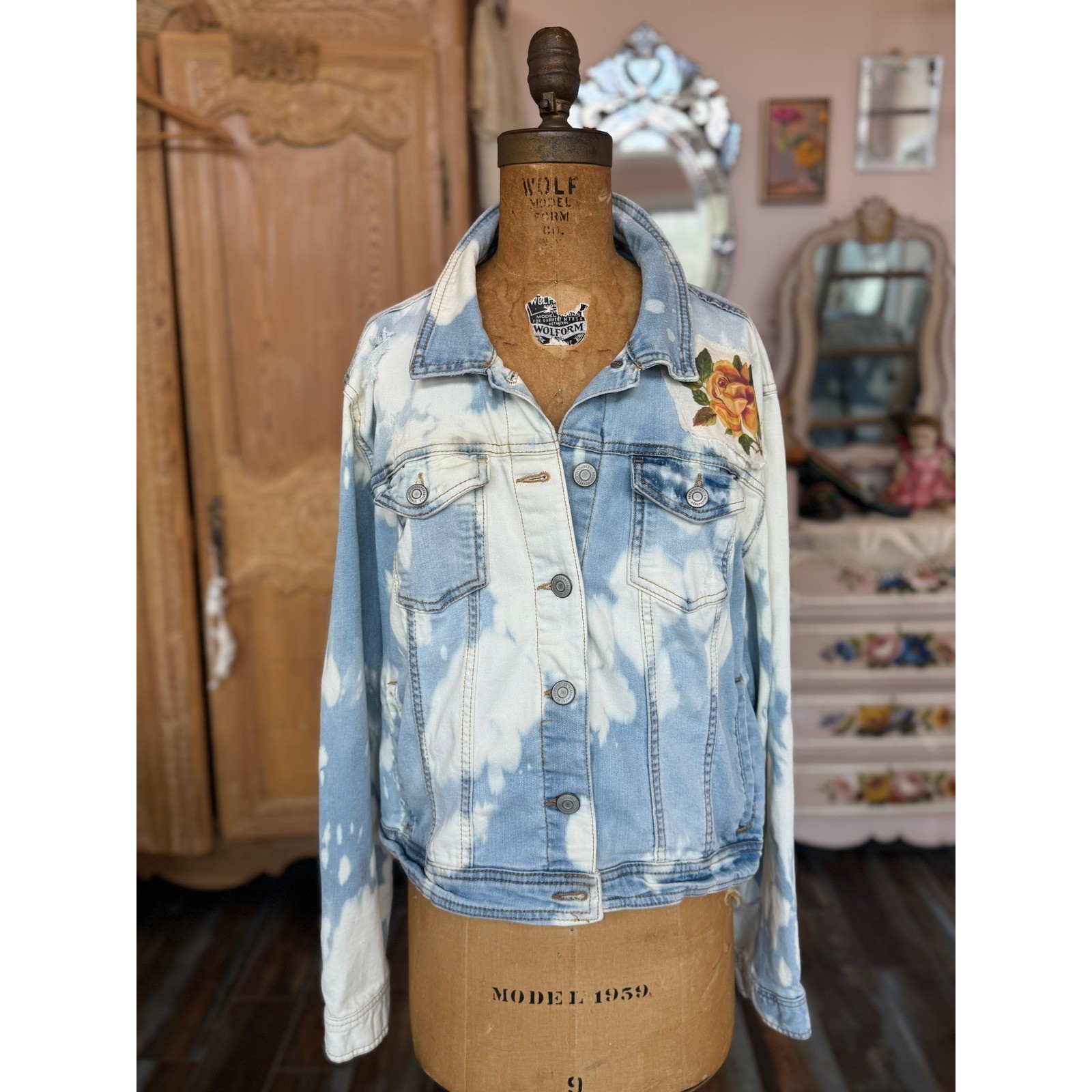 Upcycled Cropped Denim Jacket Roses Love Heals Patch Folk Art Boho XXL