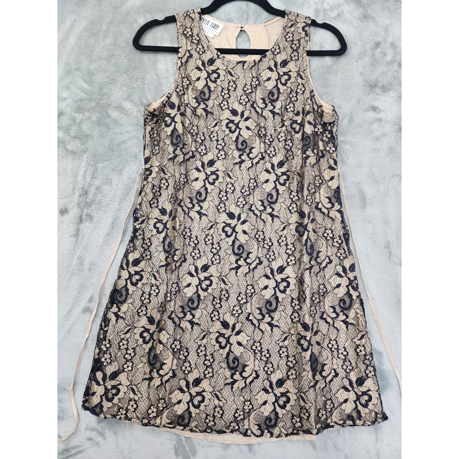 Vintage 90s Byer Too! Floral Lace Overlay Satin Sleeveless Dress Size 9 Black