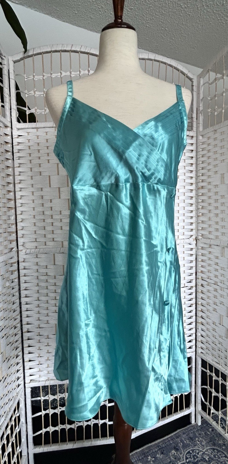 Vintage 80s Inner Most Liquid Satin Aqua Turquoise Chemise Nightie Nightgown L