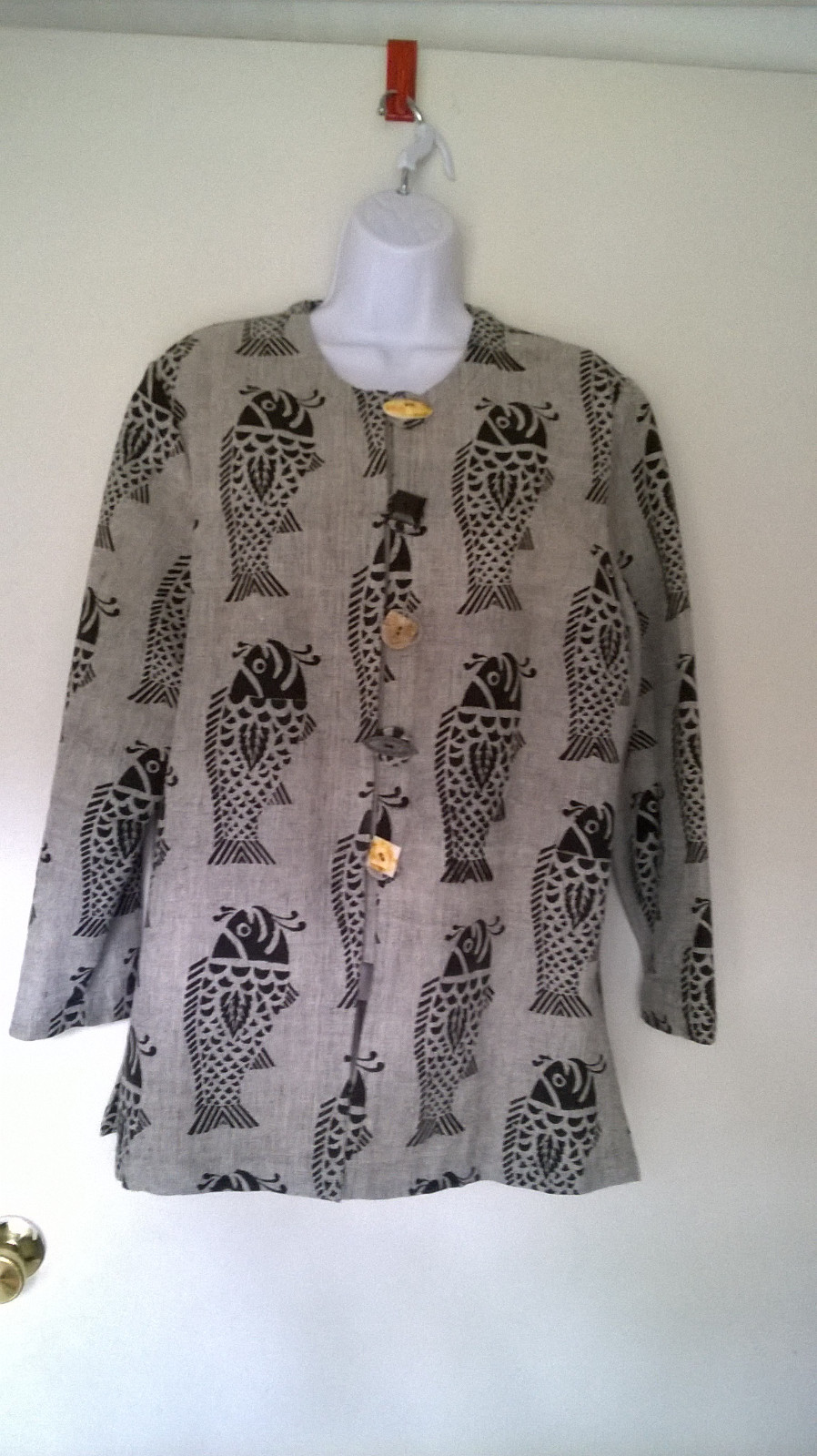 Nepal Cheppu Jacket Size Med Fish Print Made In Nepal Wood Resin buttons 1980s