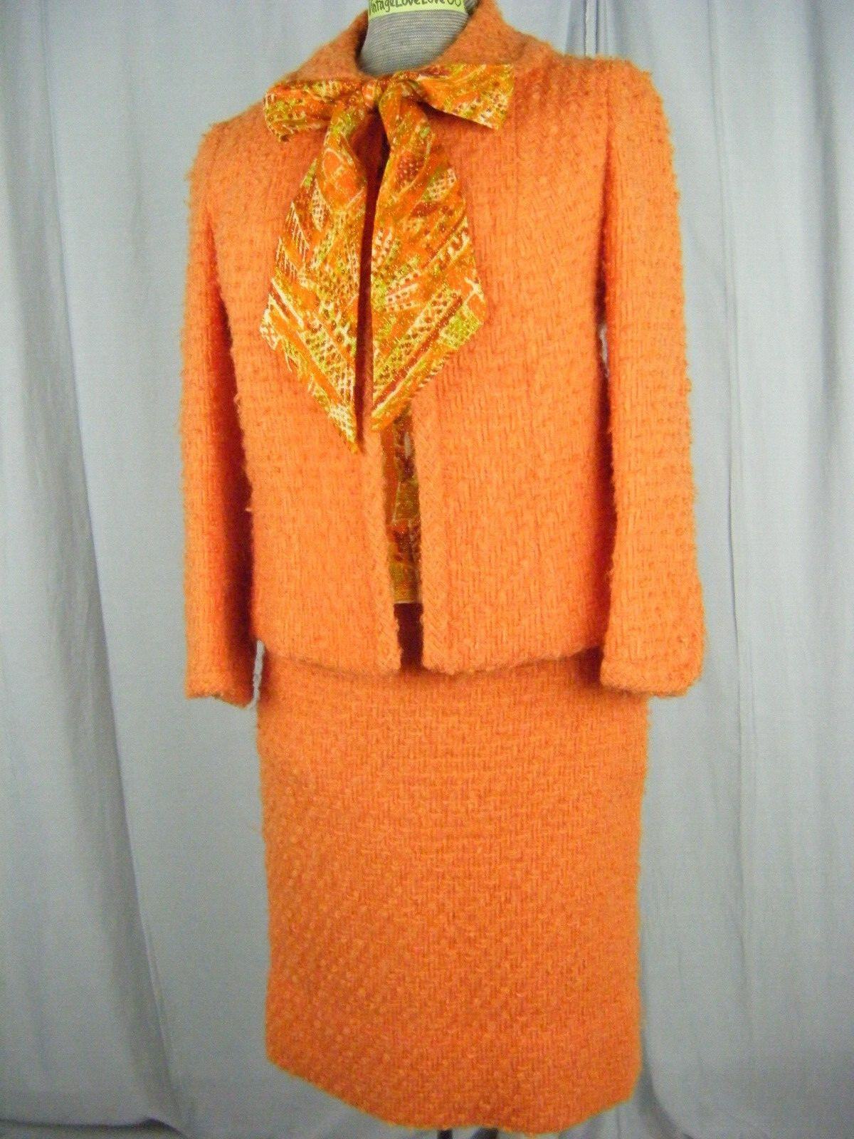 LILLI ANN Vtg 60s Orange Woven Wool Mod Jacket/Top/Skirt-Bust 36/Waist 24