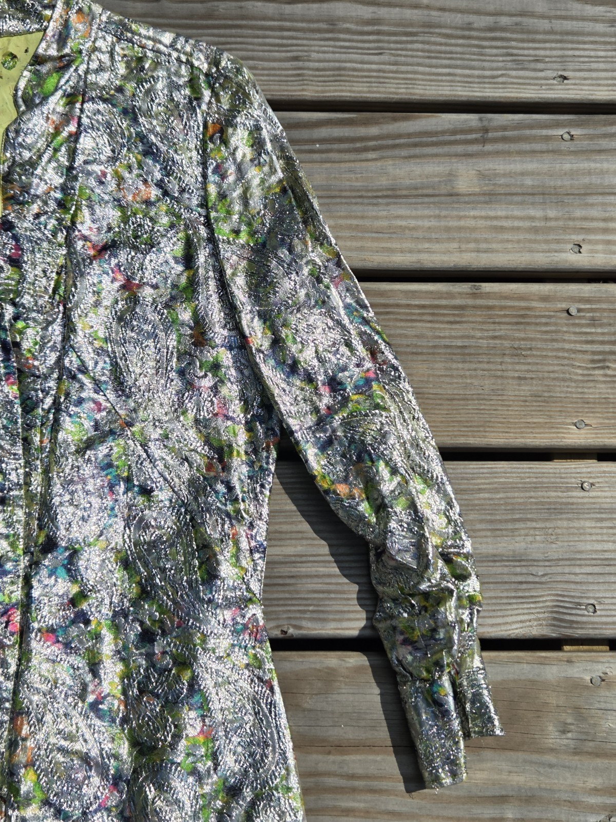 Vintage 1950 Silver Metallic Brocade Opera Coat Paisley Floral Lame Jacket As Is