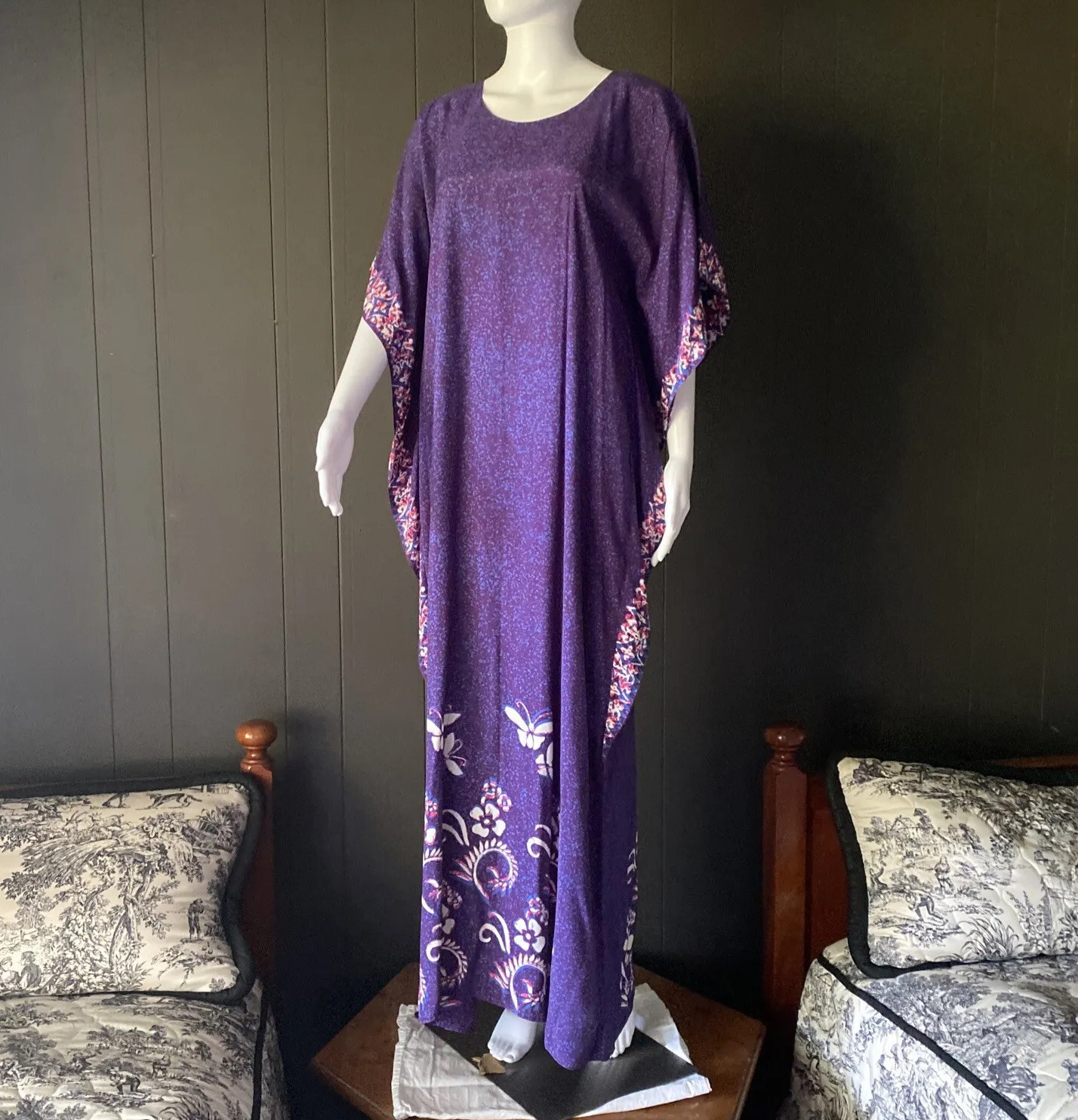 VTG 60&rsquo;S RARE KAFTAN DRESS by Mixi SINGAPORE HANDPoured Wax BATIK Butterflies OS
