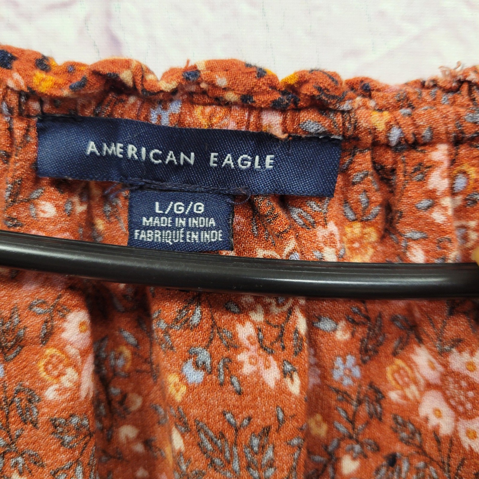 American Eagle Boho Floral Blouse Womens L Rust Orange Tassel Cottagecore Hippie