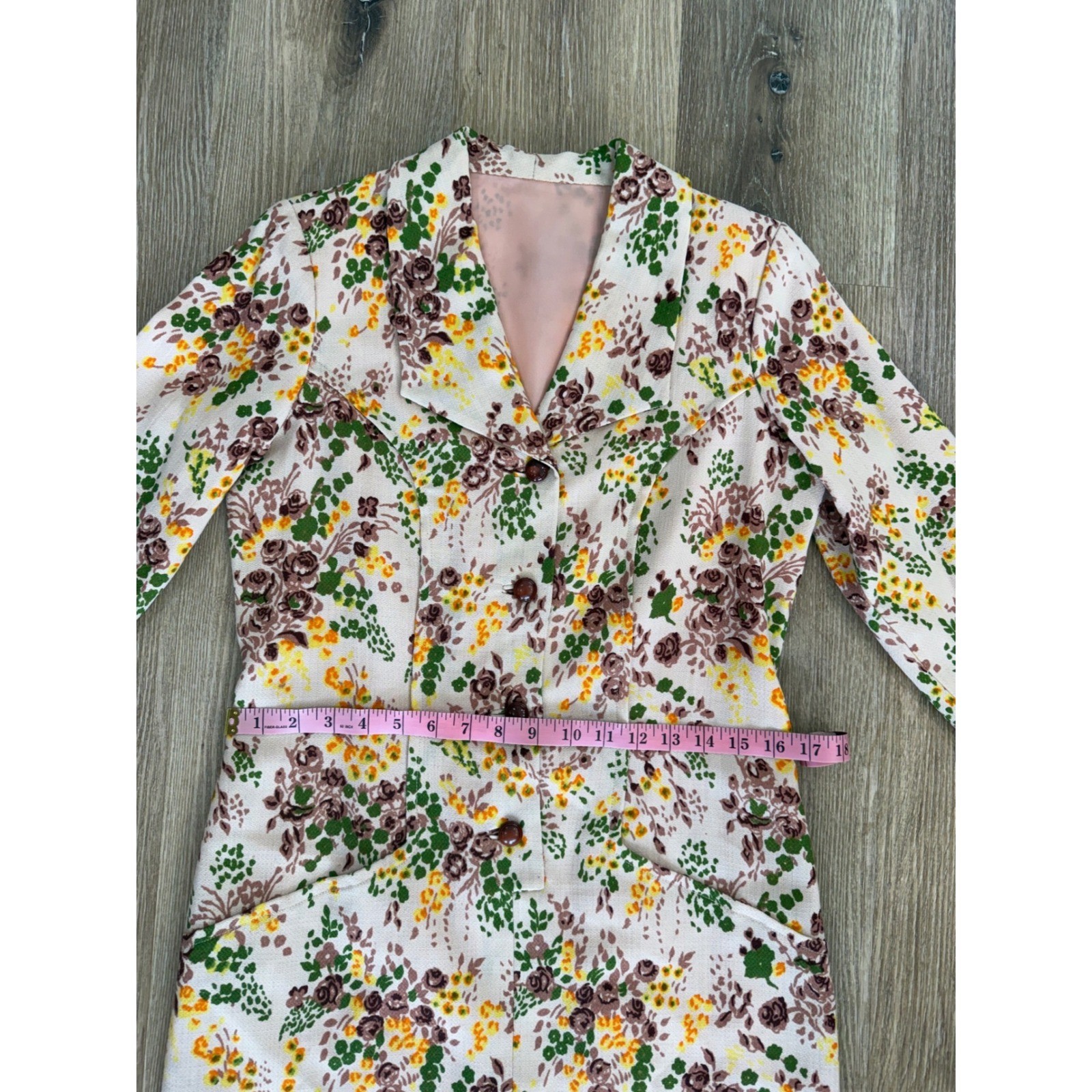 VTG Floral Long Sleeve Button Front Coat Dress Womens M Cream Brown Green Retro