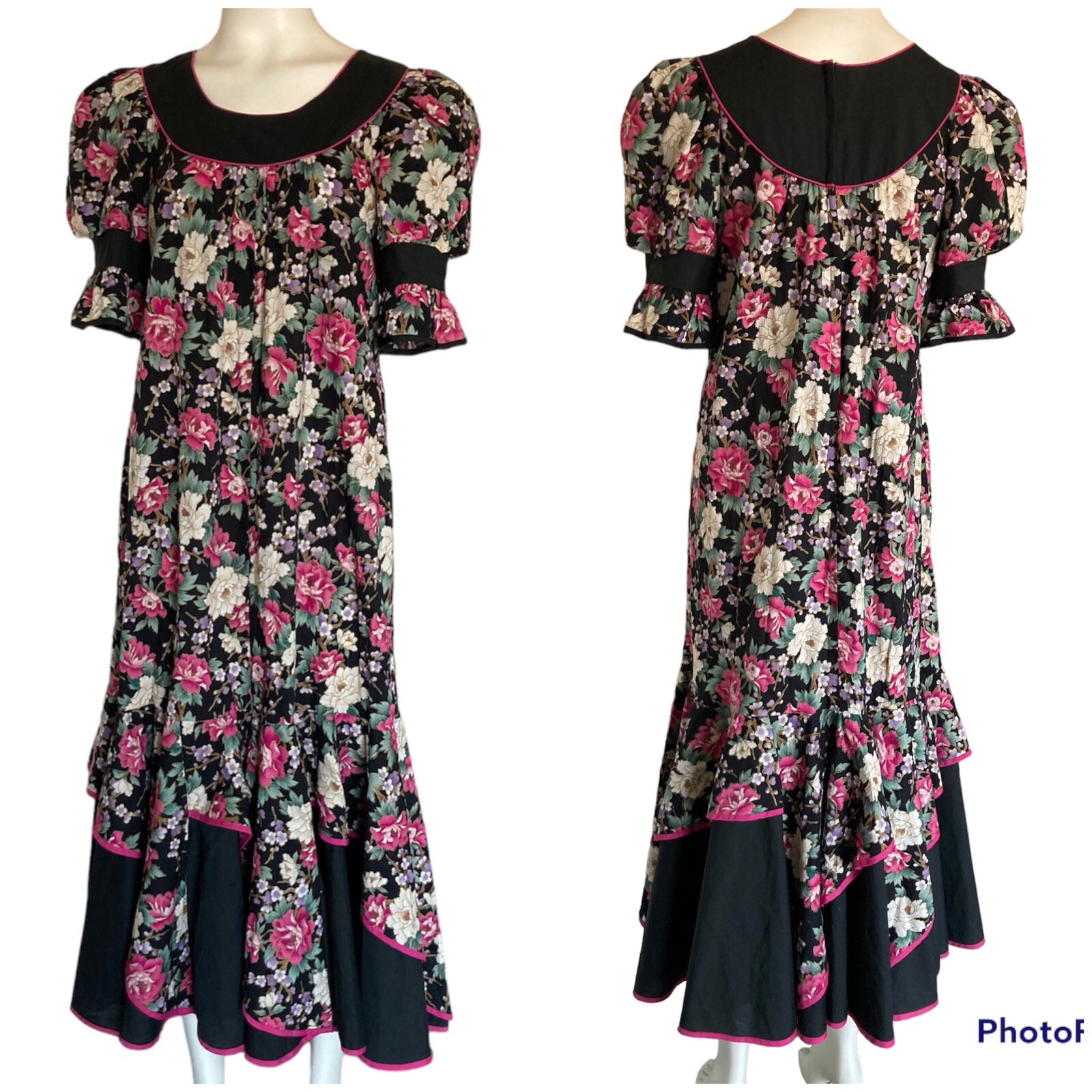 Vintage GOOD TIMES Hawaii Black Pink Floral Prairie Muumuu Maxi Dress – M