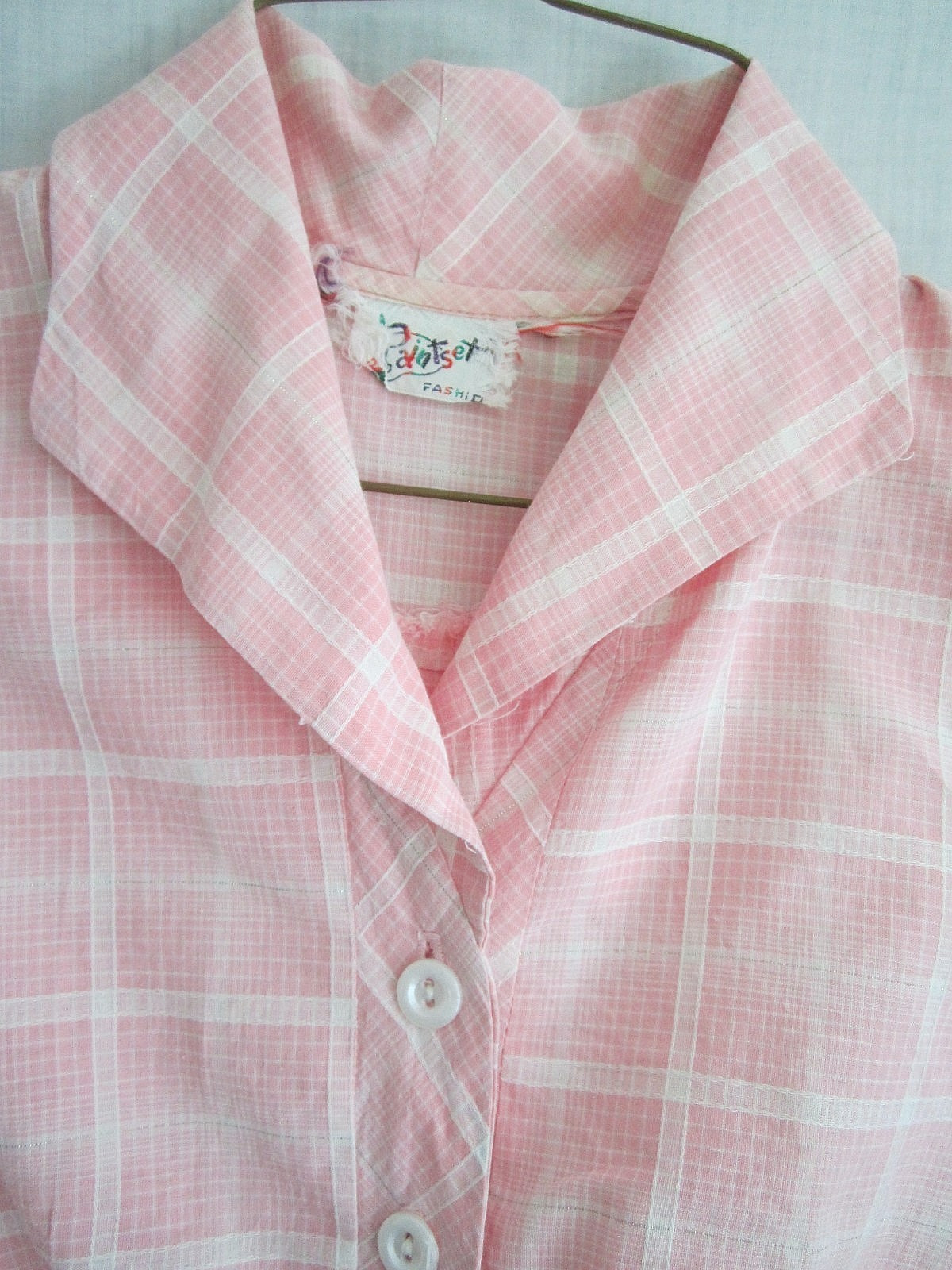 Vintage 1950s Pink Cotton Day / House Dress Sz S-M Plaid Button up Bows in Back