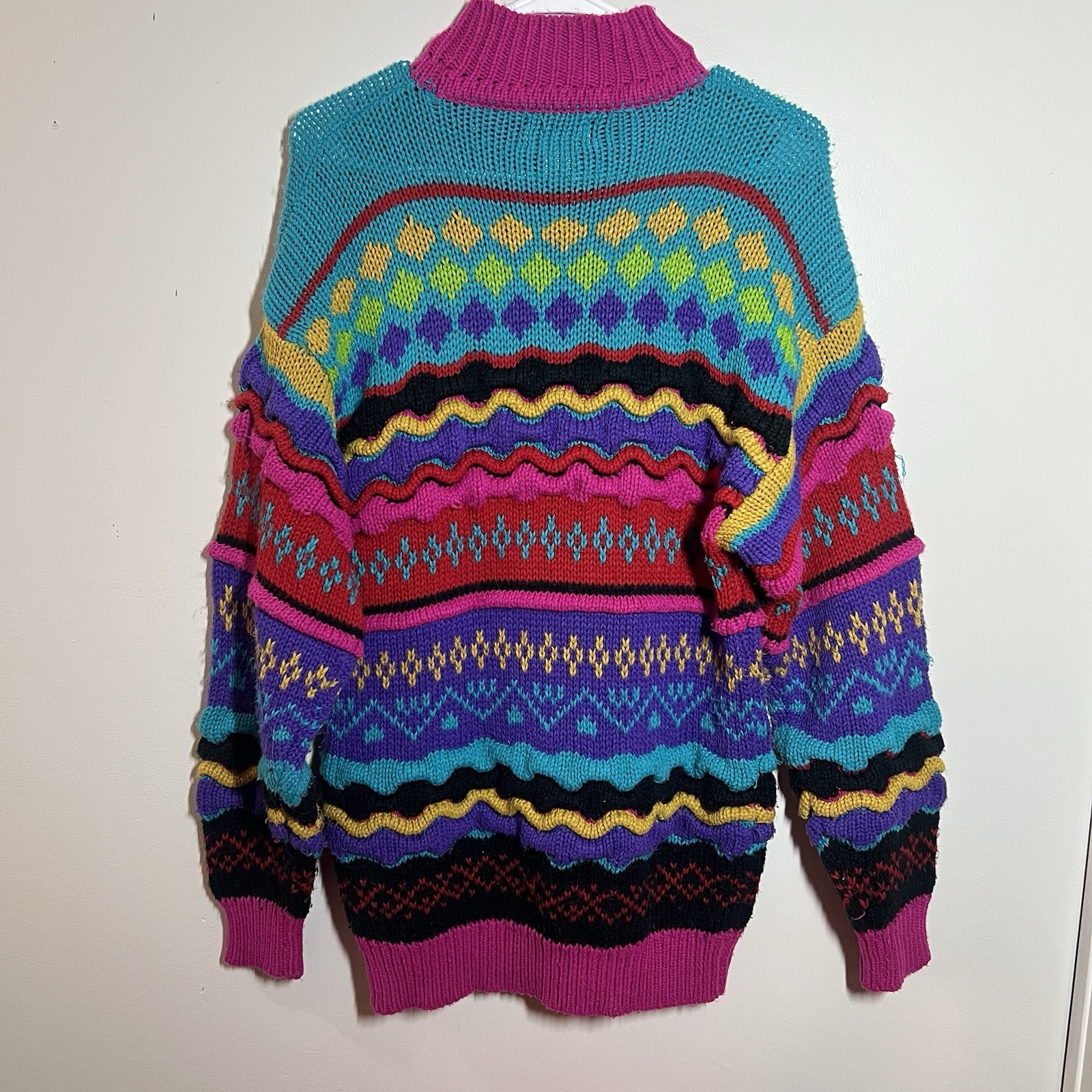 Vtg IVY Multi-color 3D Coogi Style Cable Knit Sweater Acrylic Size M Cosby Mock