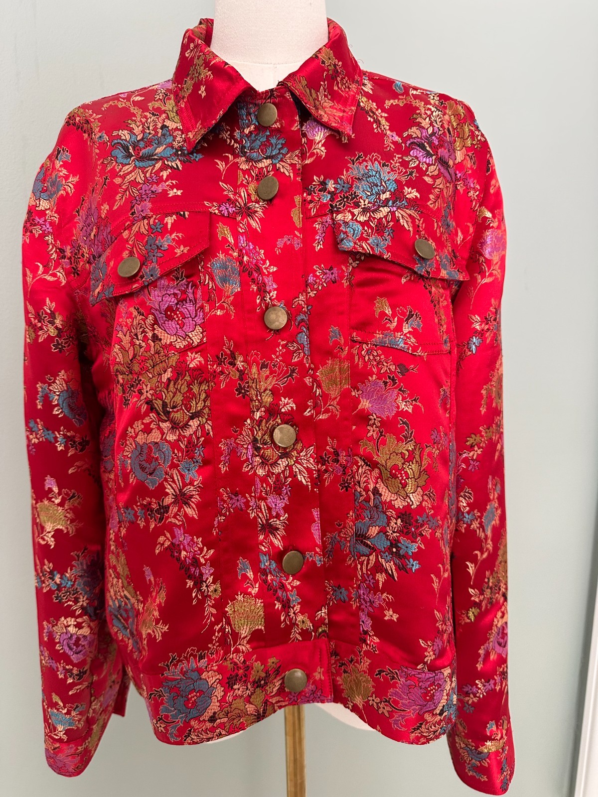 Vintage Spenser Jeremy Satin Red Gold Metallic Floral Art Jacket Women&rsquo;s Large