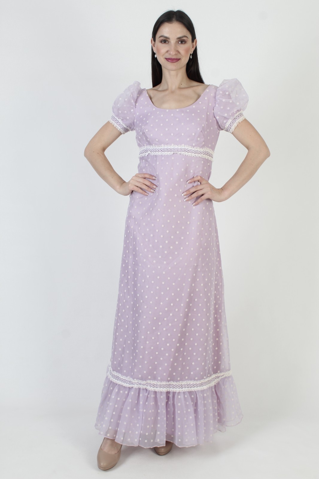 Vtg Violet High Waist Dress Wht Polka Dot Victorian Prairie Evening Prom Gown
