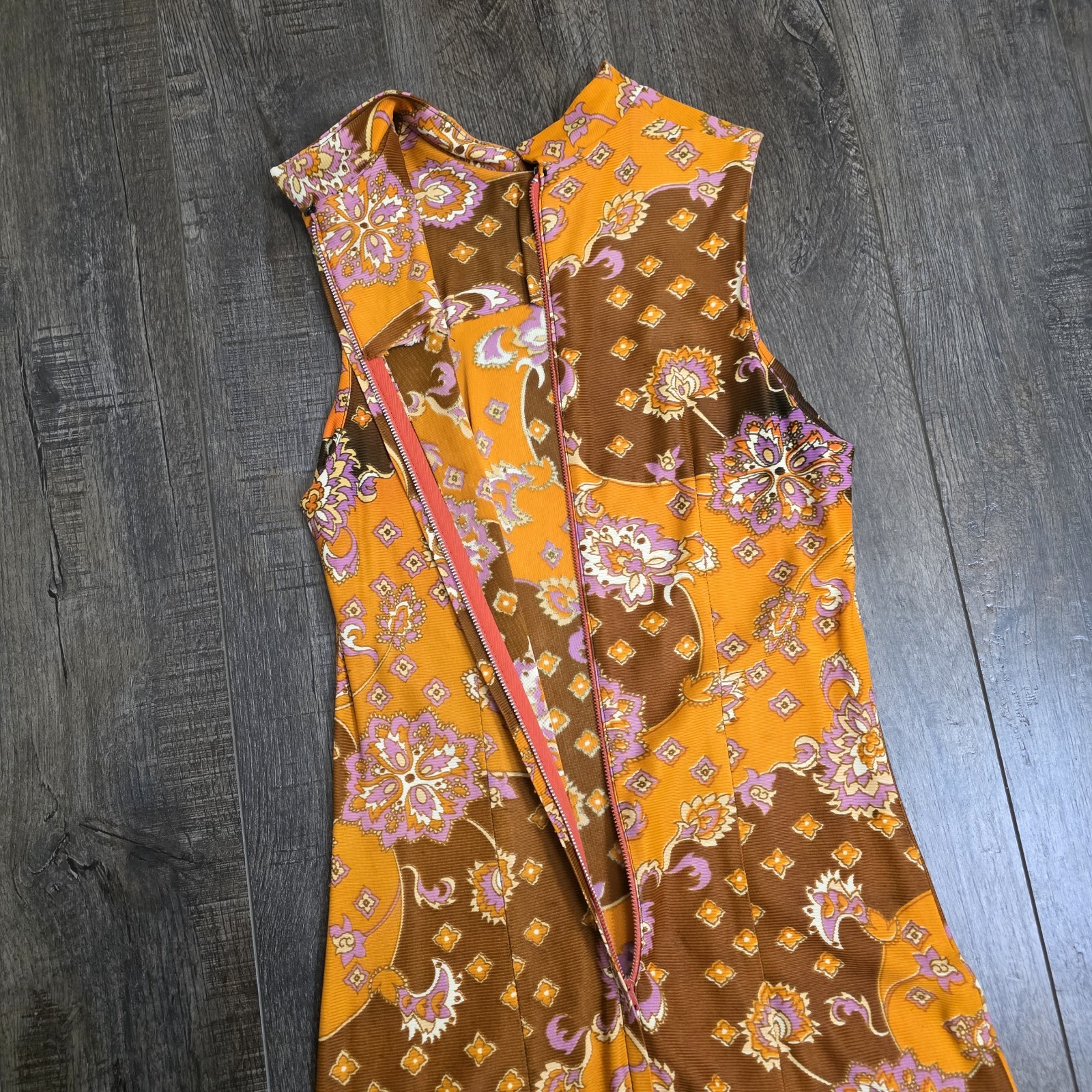 Vintage 60s 70s Maxi Dress Size 11 Orange Brown Floral Hippy Psychedelic Acetate