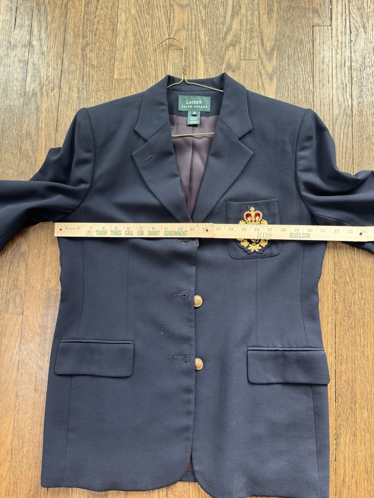 Lauren Ralph Lauren Crest Blazer Jacket 14 Navy Blue Wool Vintage Made In USA
