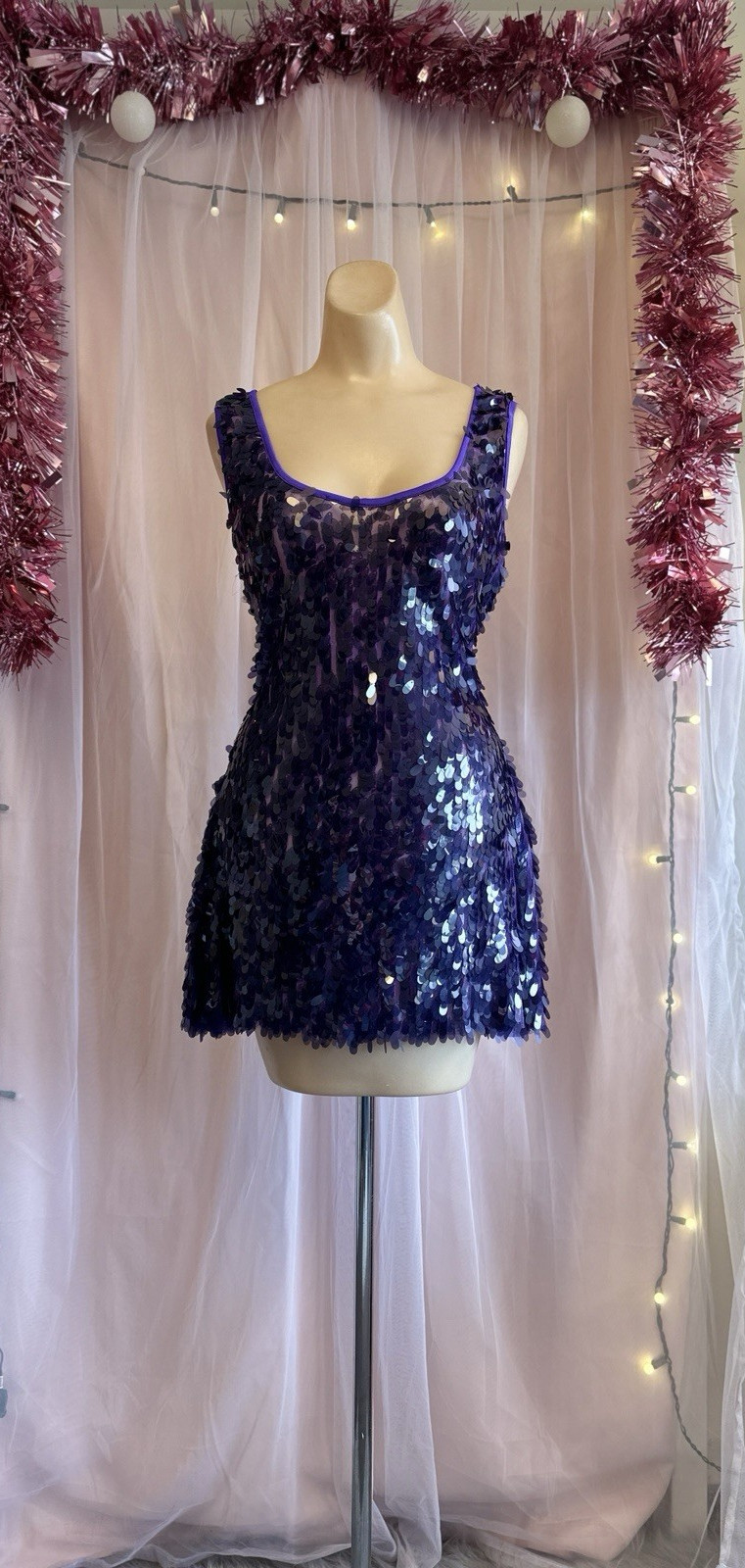 Vintage Y2K 2000s Purple Sequin Mini Dress Sleeveless Bodycon Festival Rave M/L