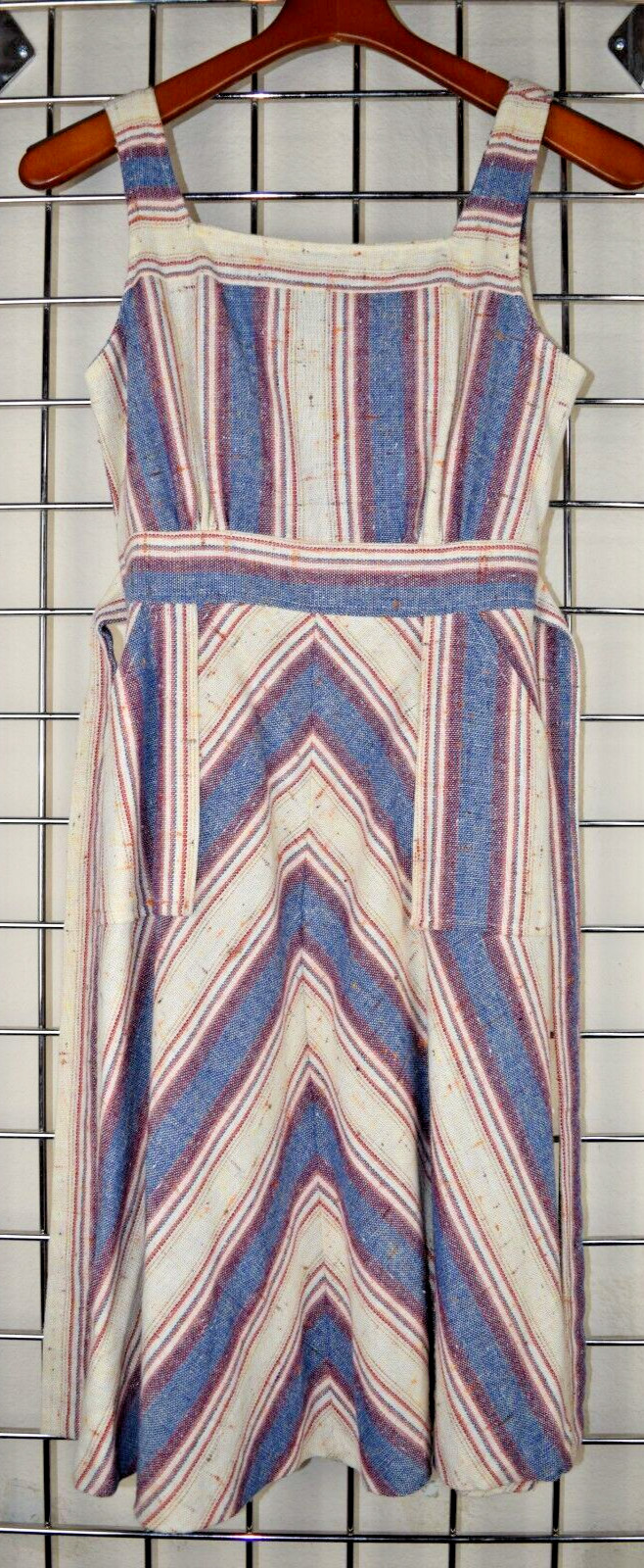 Vintage Dress Size S/M 70s Blue Pink Ivory Fleck Linen Canvas Button Back Belt