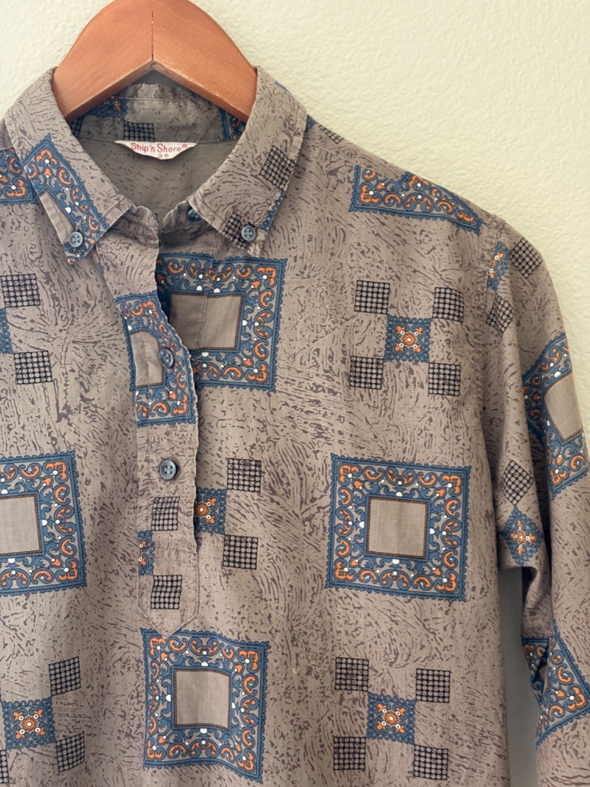 Vintage 50s 60s Womens Ship &lsquo;N Shore S Olive Cotton Henley Mid Century Abstract
