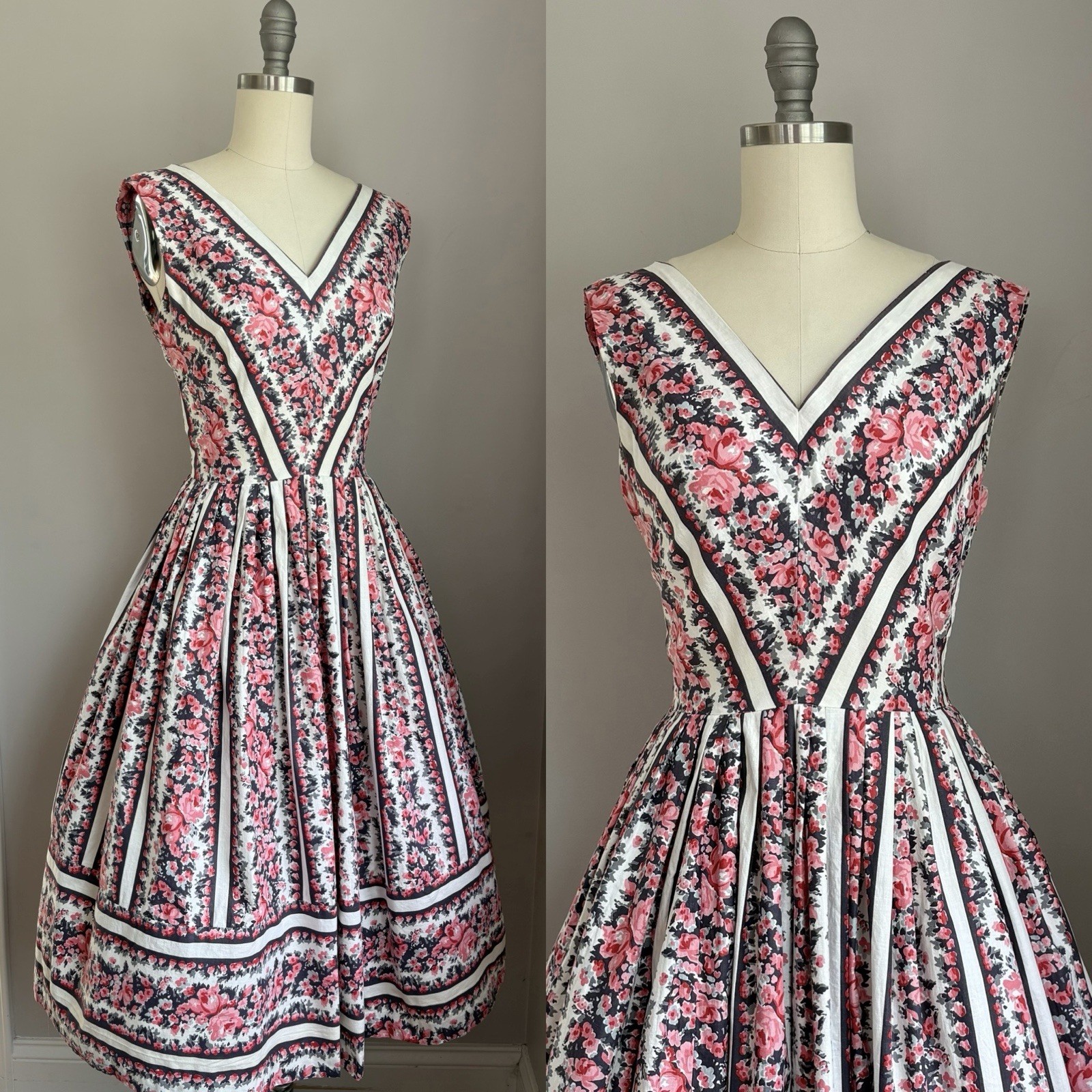 Vintage 1950’s Pink Roses All Over Print Cotton Sun Dress XS