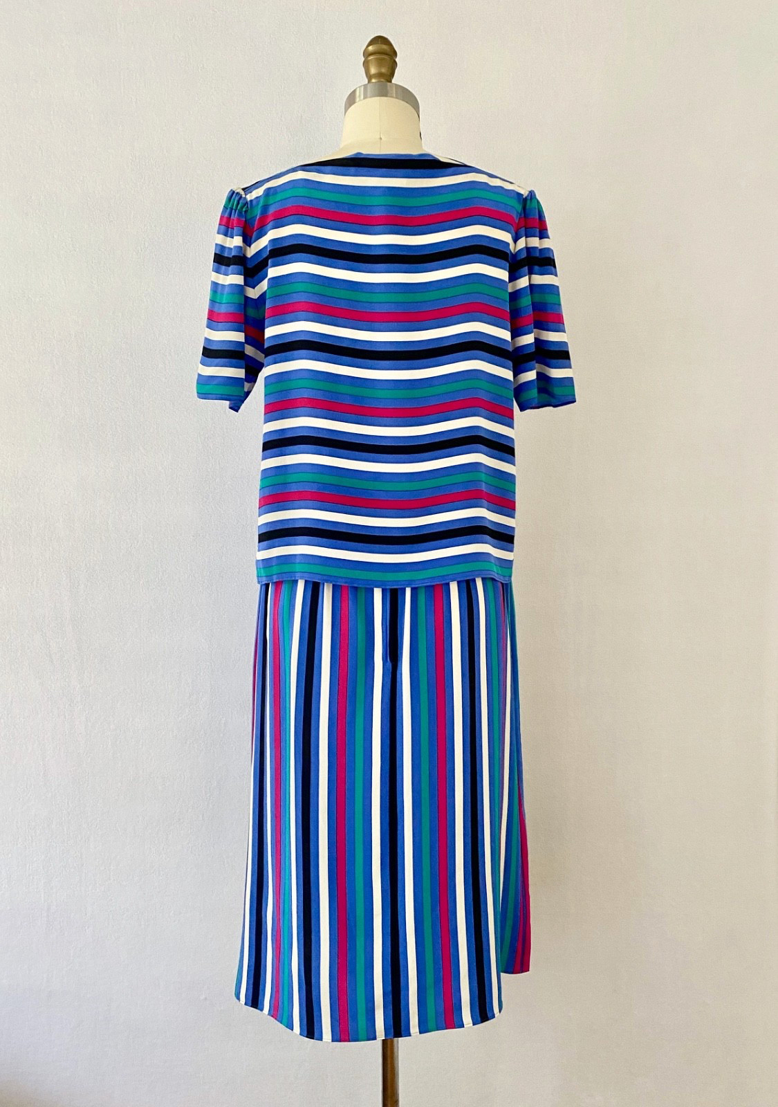 Ca. 1980s Vintage Striped Silk Skirt and Blouse Set by Silk Studio