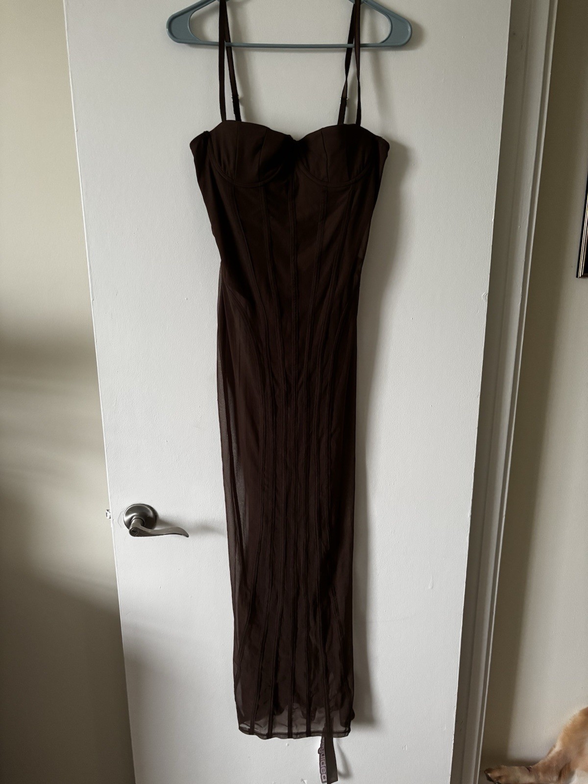 Women&rsquo;s Brown Full Slip Spaghetti Strap Lingerie Dress with Sheer Overlay