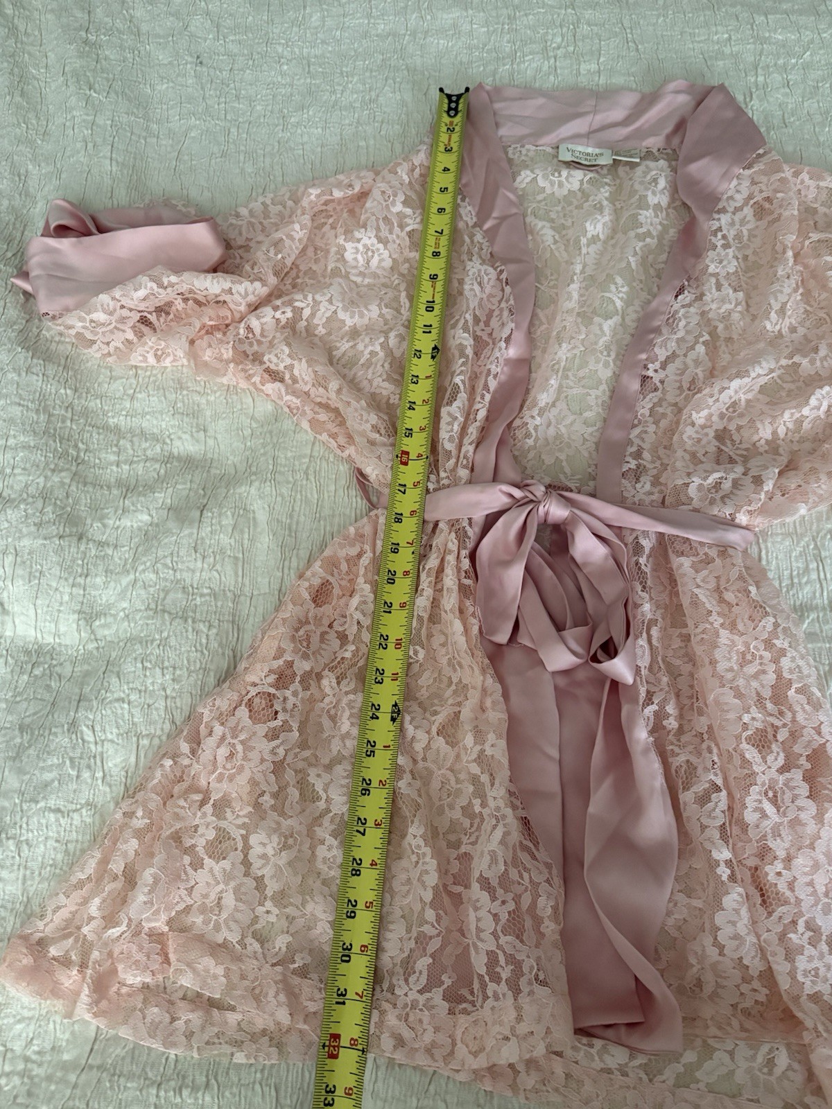 Vintage Gold Label Victoria&rsquo;s Secret Pink Lace Robe Satin Trim Tie Belt One Size
