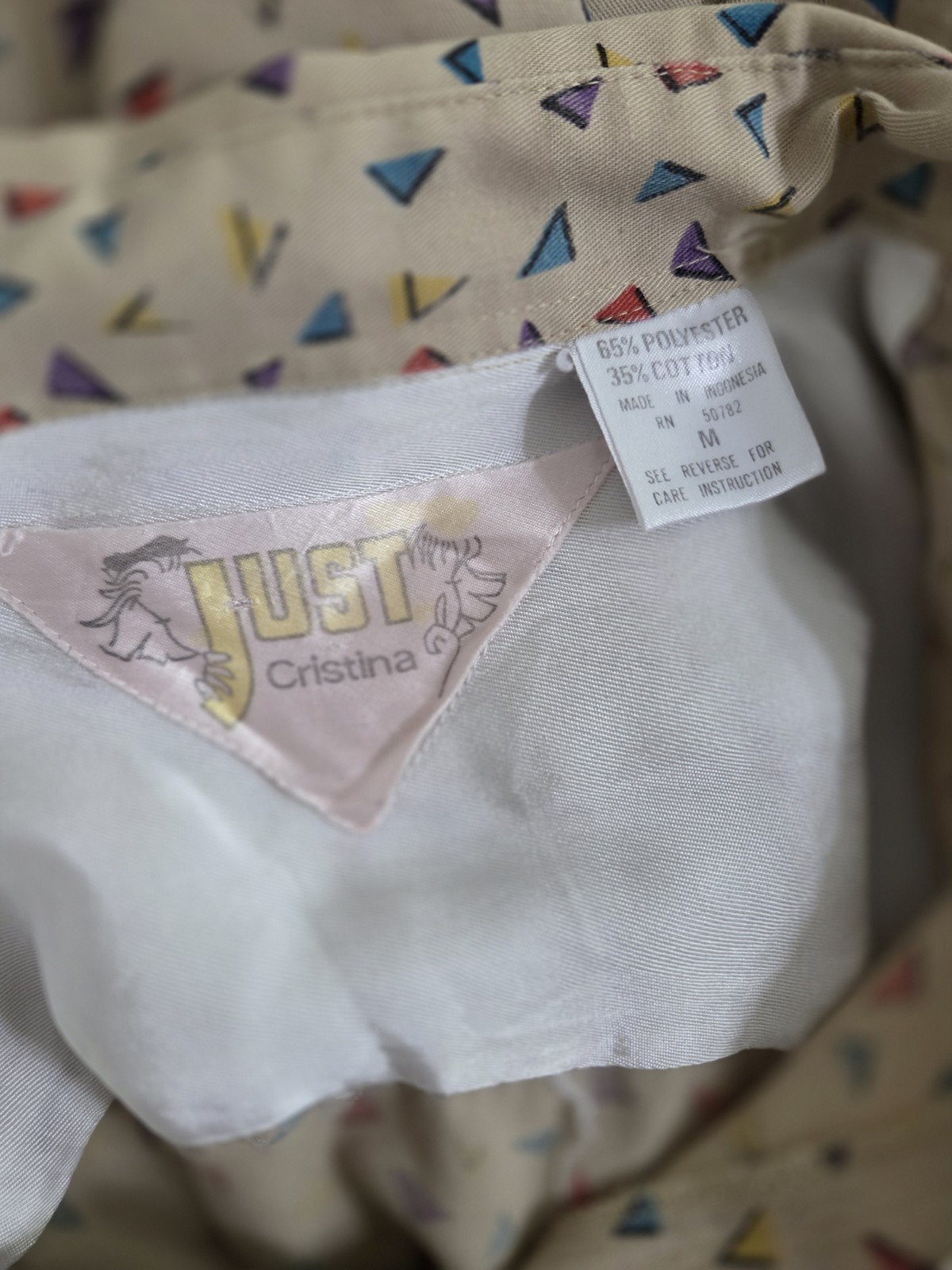 Vintage Just Cristina Button-Up Beige Tan Shirt With Multicolor Triangles Size M