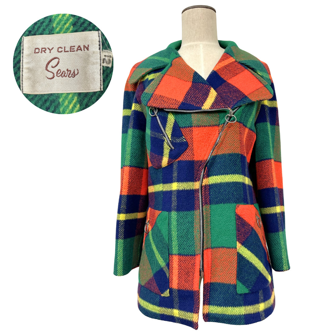 Vintage 1960s Sears Rainbow Plaid Wool Zip Up Jacket