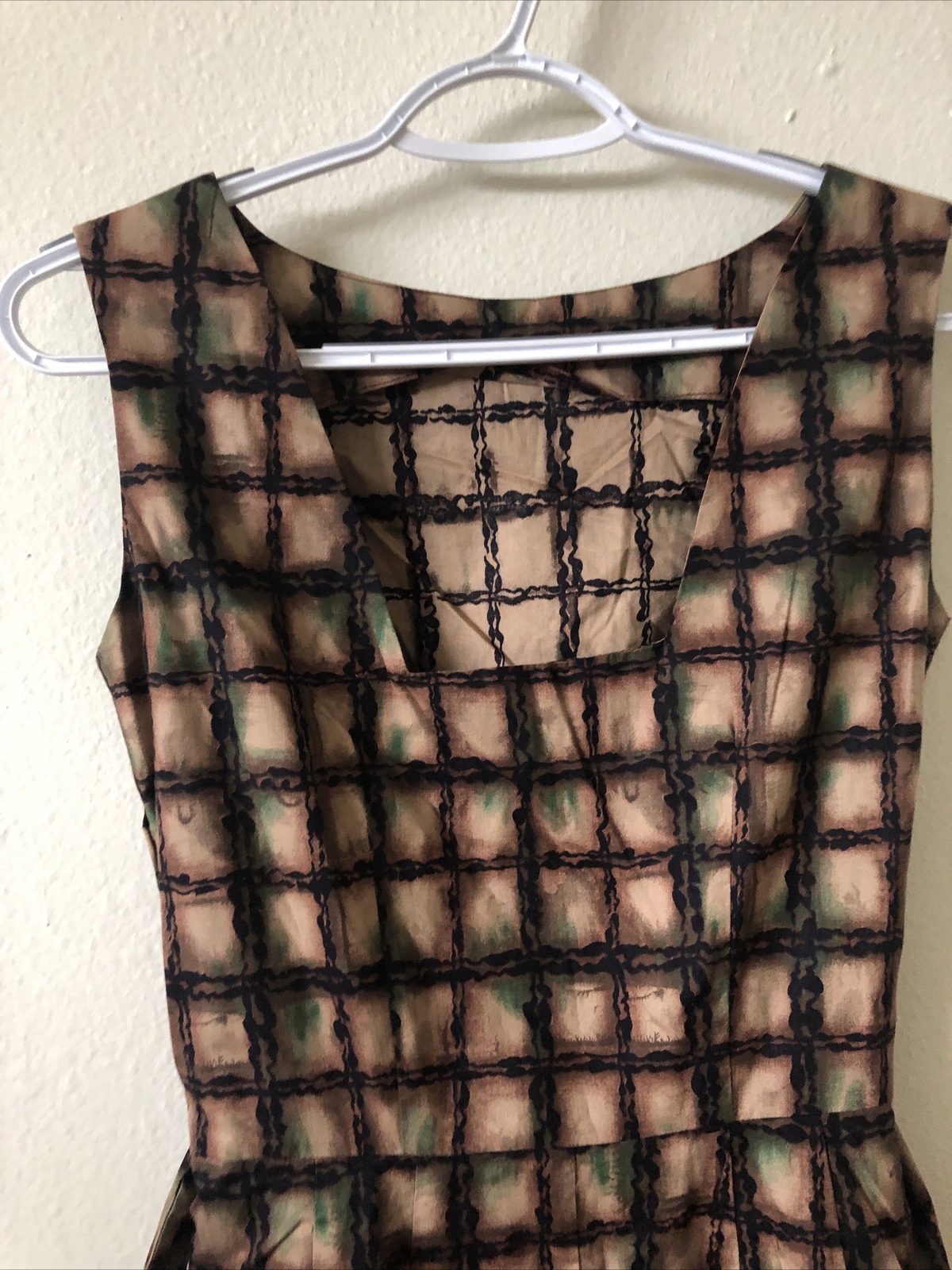 VTG 1950s 3pc Cotton Dress Set Brown Green Black Print Size S/M New Old Stock