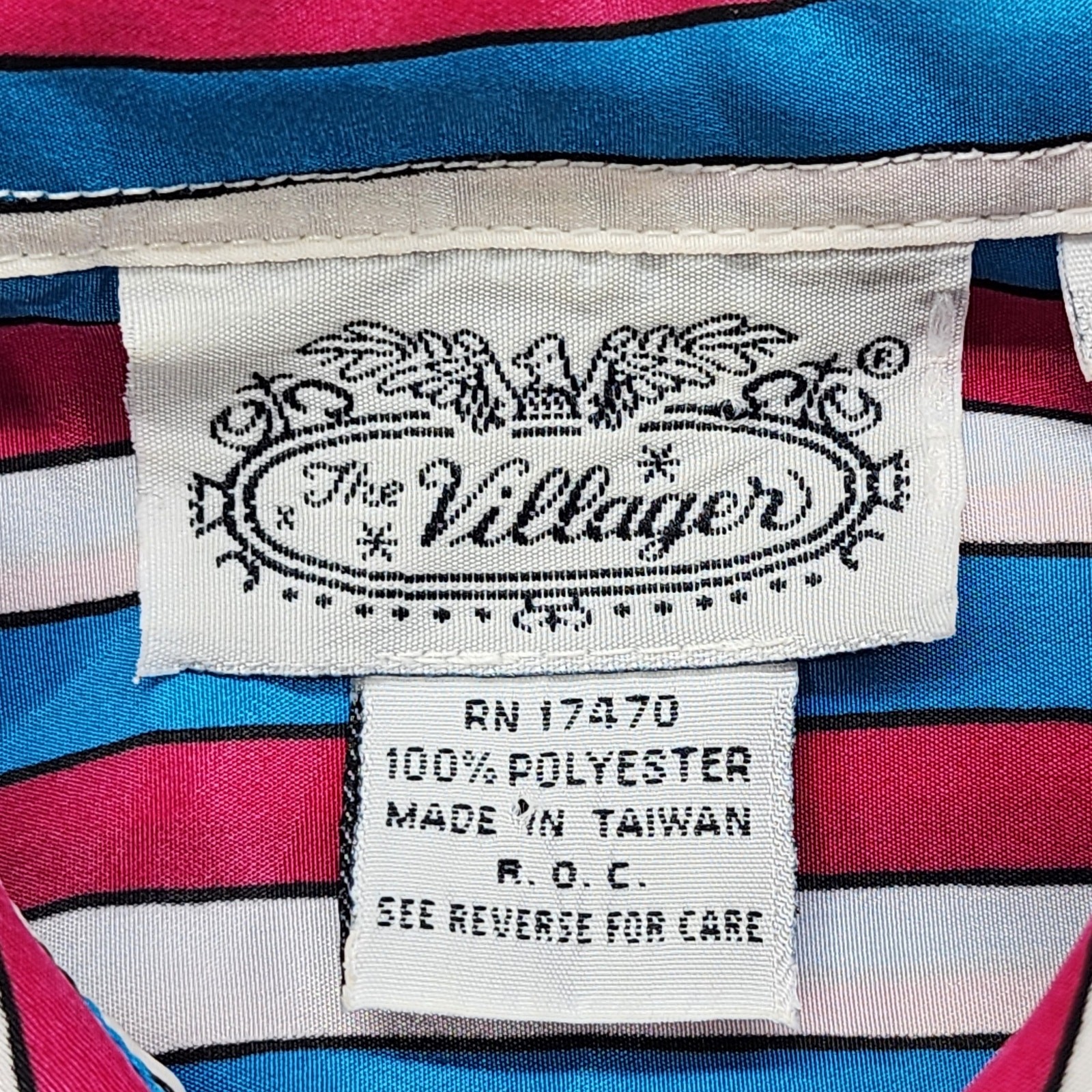 Vintage The Villager Top Womens 16 Pink Blue White Striped Tie Neck Button Front