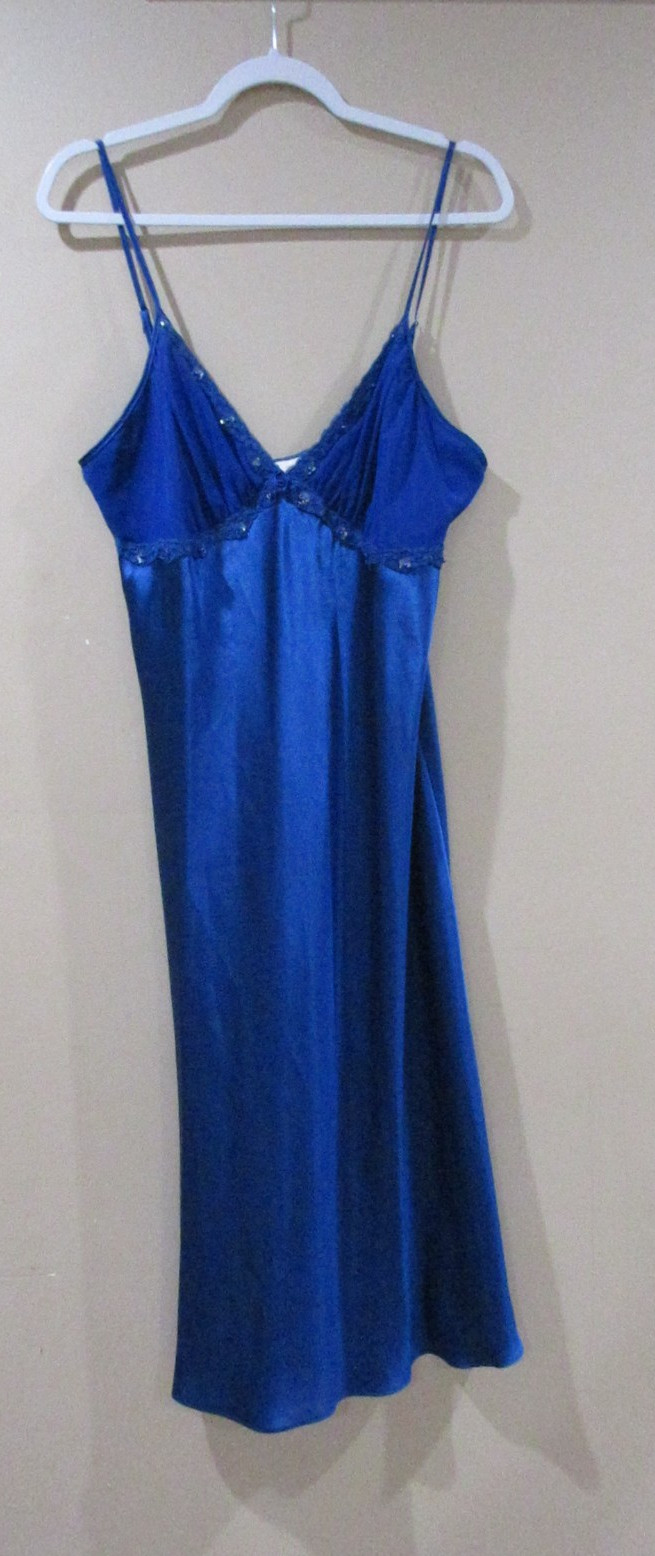VTG 90&rsquo;s SEARS INNER MOST BLUE SATIN W/ SEQUIN CHIFFON BODICE NIGHTGOWN SZ L
