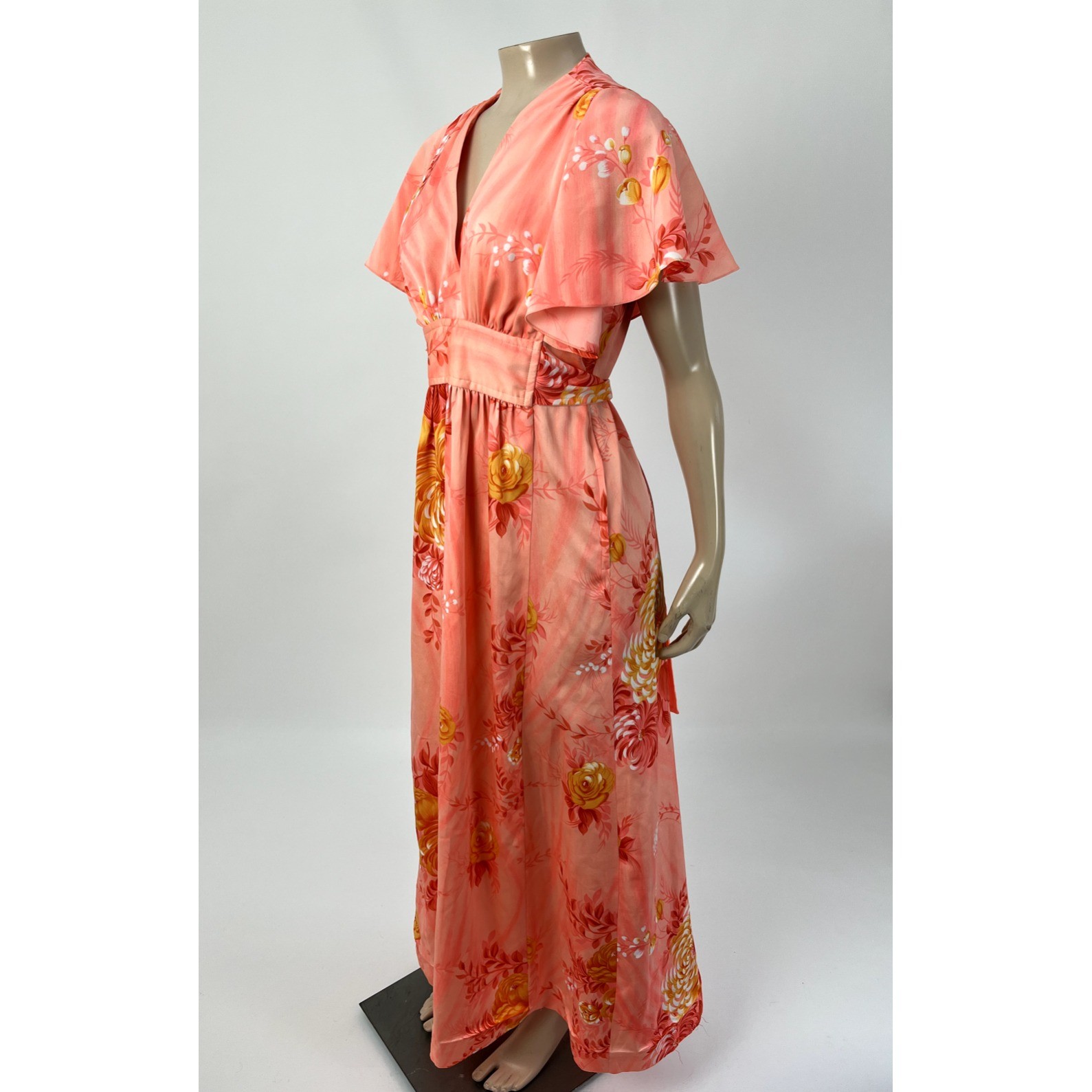 Vintage 70s Lilia Honolulu Hawaii Maxi Long Dress Flutter Sleeve Polyester G4-30