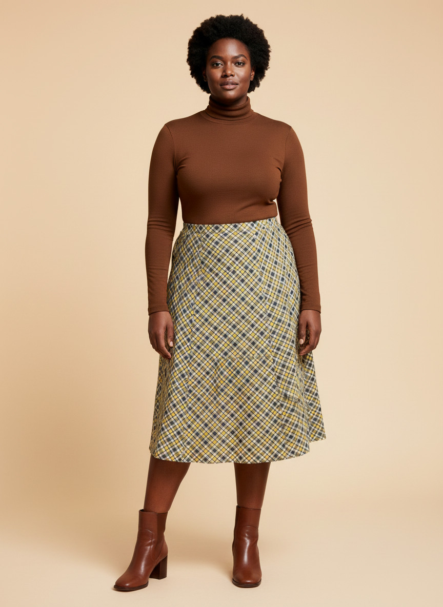 Vintage 70s Unworn Size L Skirt Midi Flared Yellow Brown Check