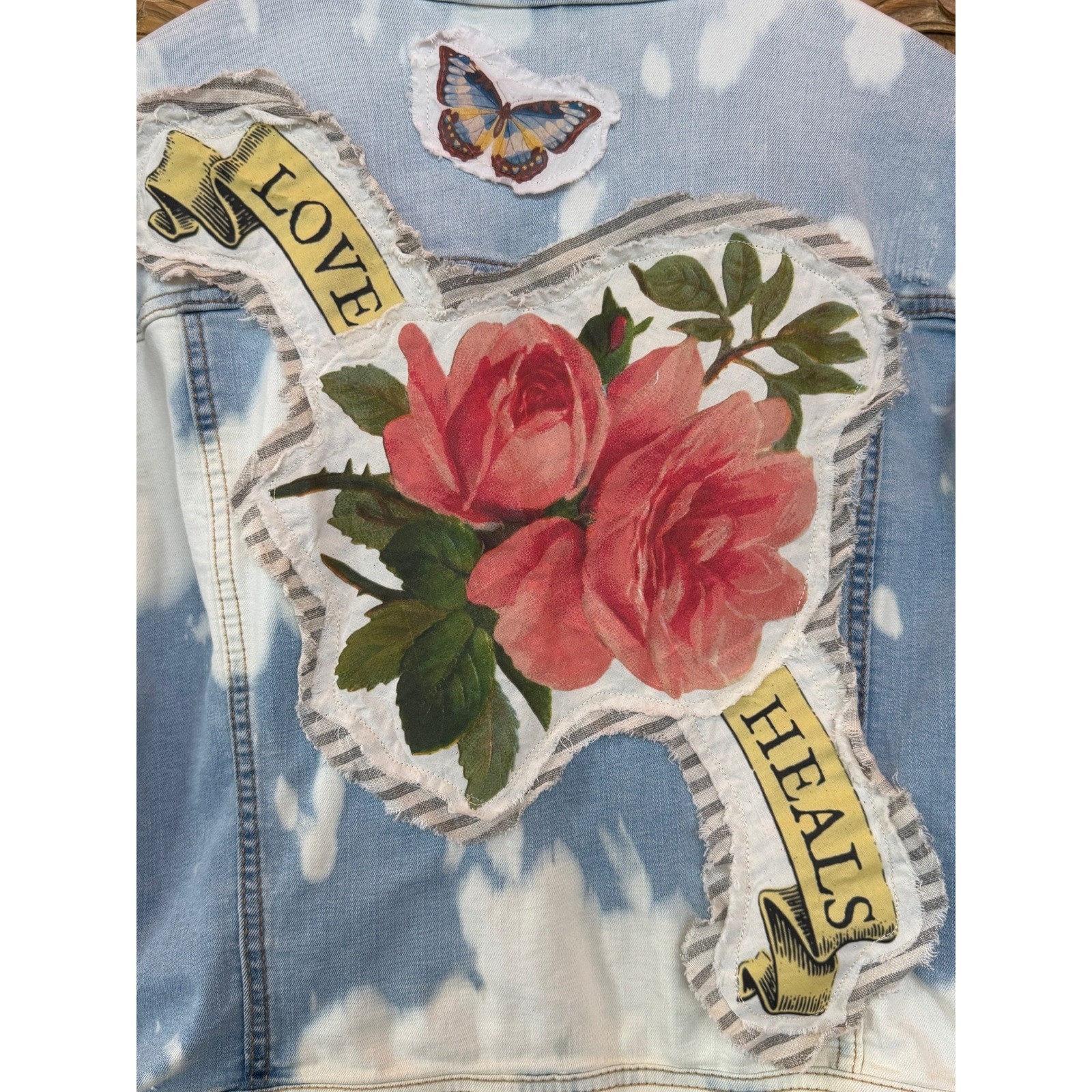 Upcycled Cropped Denim Jacket Roses Love Heals Patch Folk Art Boho XXL