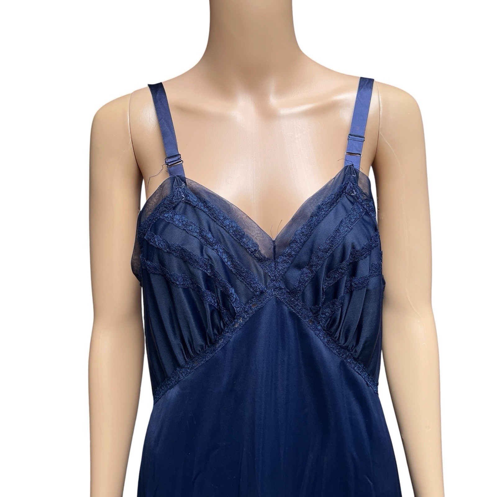 Vintage Charmode Nylon Full Slip Lined Navy Blue Lace Ruffle Trad Wife Boho 38