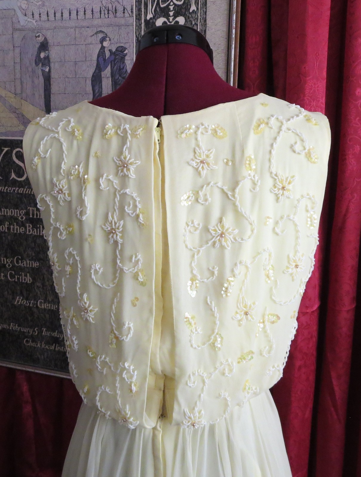 1960s Butter Yellow Beaded Floaty Chiffon Cocktail Party Dress I. Magnin XS