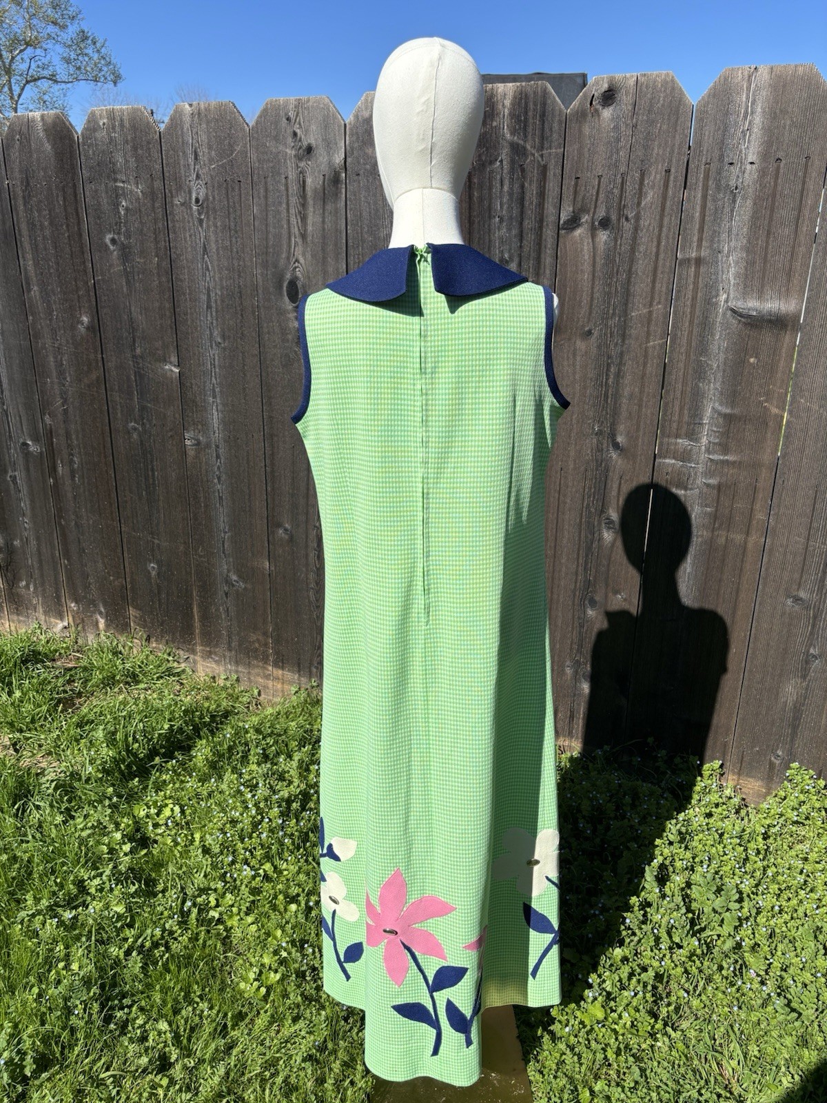 Vtg 70’s Handmade Poly Blend Volup Maxi Dress Green Checkered Floral Applique