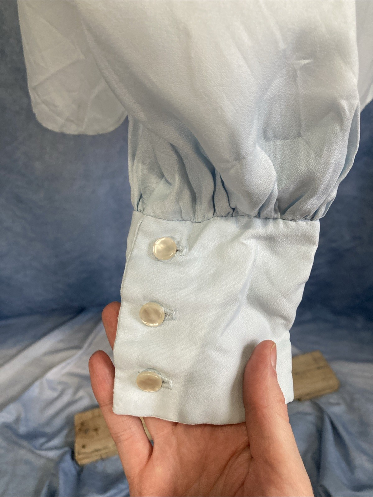 VTG Miss Chris Blue Ruffle Jabot Blouse 70s Secretary Victorian Union Made XS/S