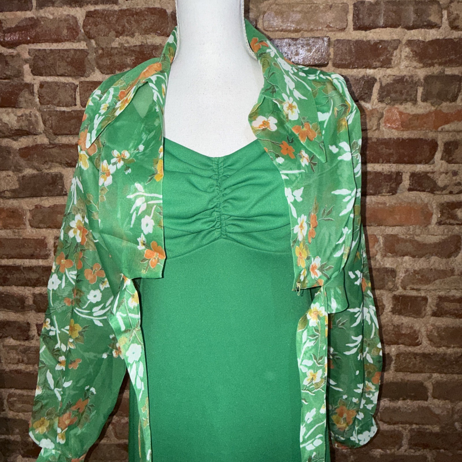 Vintage 1970s Emerald Green Hostess Maxi Gown Floral Sheer Bolero Jacket EUC