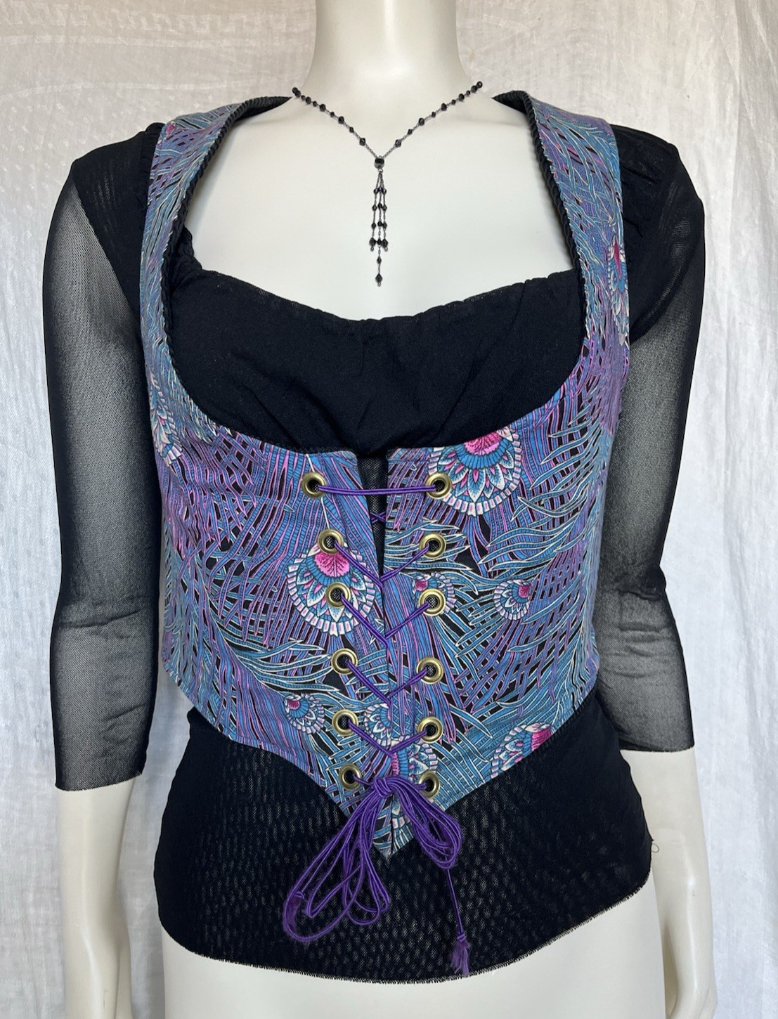 Vintage 70s Corset Vest Underbust Waistcoat Handmade Reversible Goth Festival S