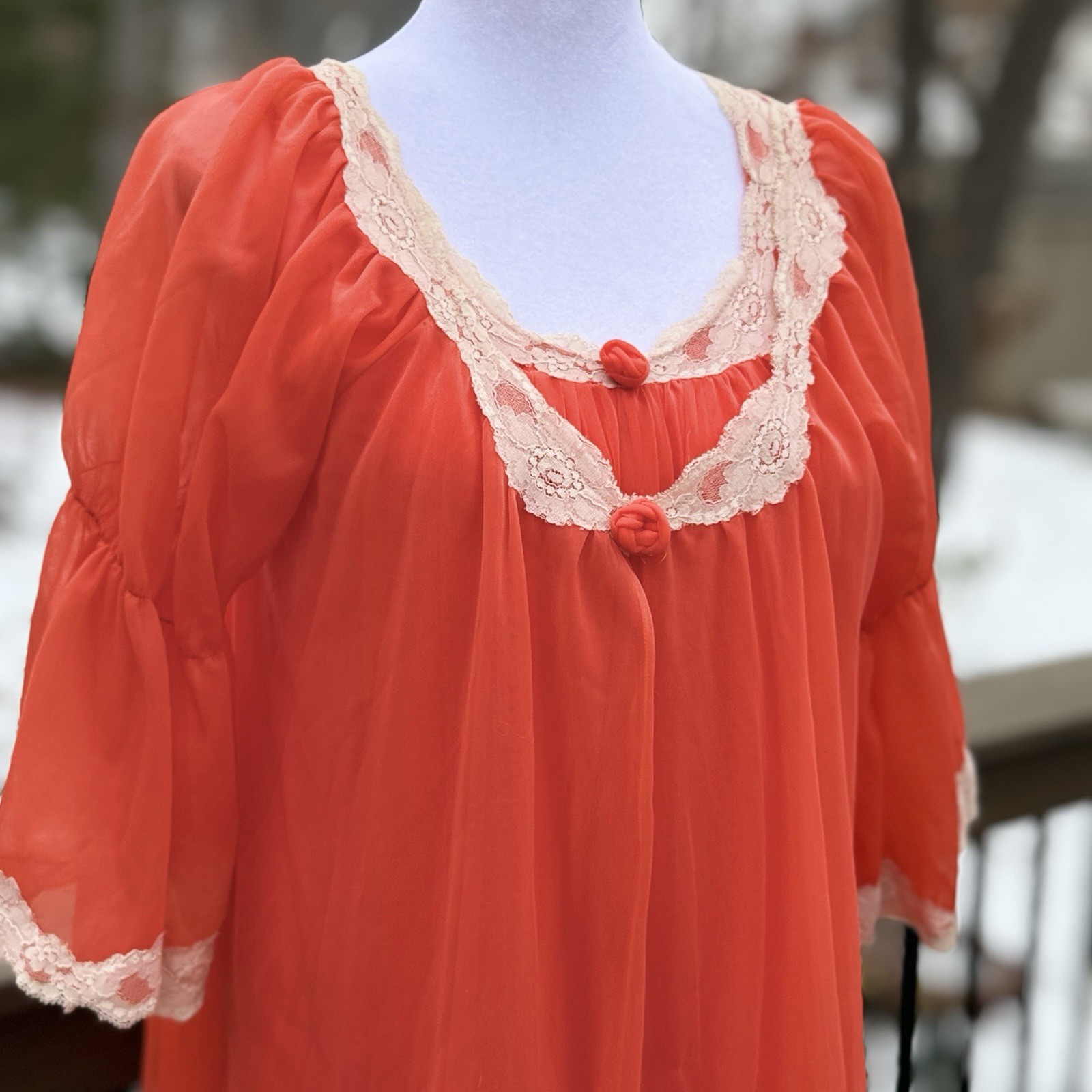 Vtg Intime Nightgown & Robe Double Chiffon Peignoir Set Flame Orange Sweep S M +